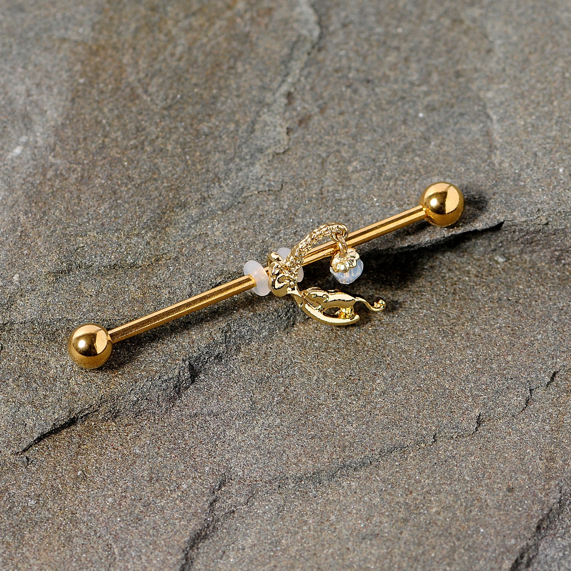 BodyCandy 14G Clear Gem Gold Tone Mouse Moon Industrial Barbell 38mm — lifestyle context