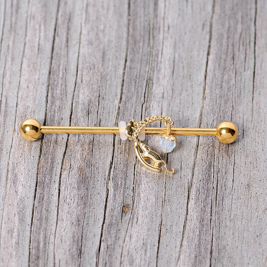 BodyCandy 14G Clear Gem Gold Tone Mouse Moon Industrial Barbell 38mm — side view