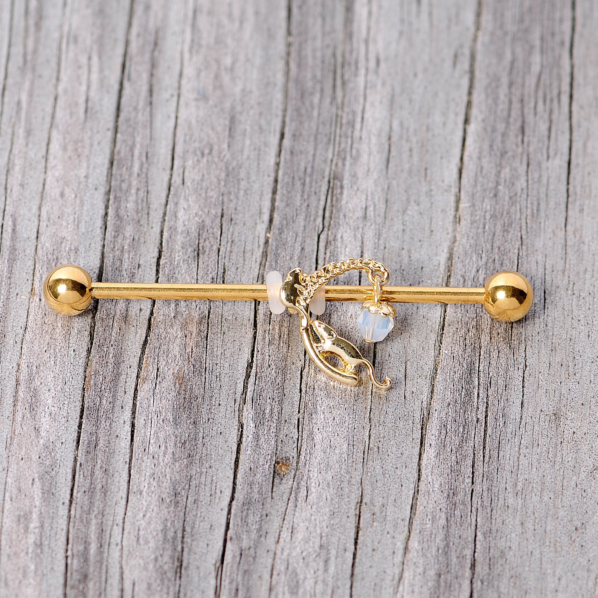 BodyCandy 14G Clear Gem Gold Tone Mouse Moon Industrial Barbell 38mm — side view