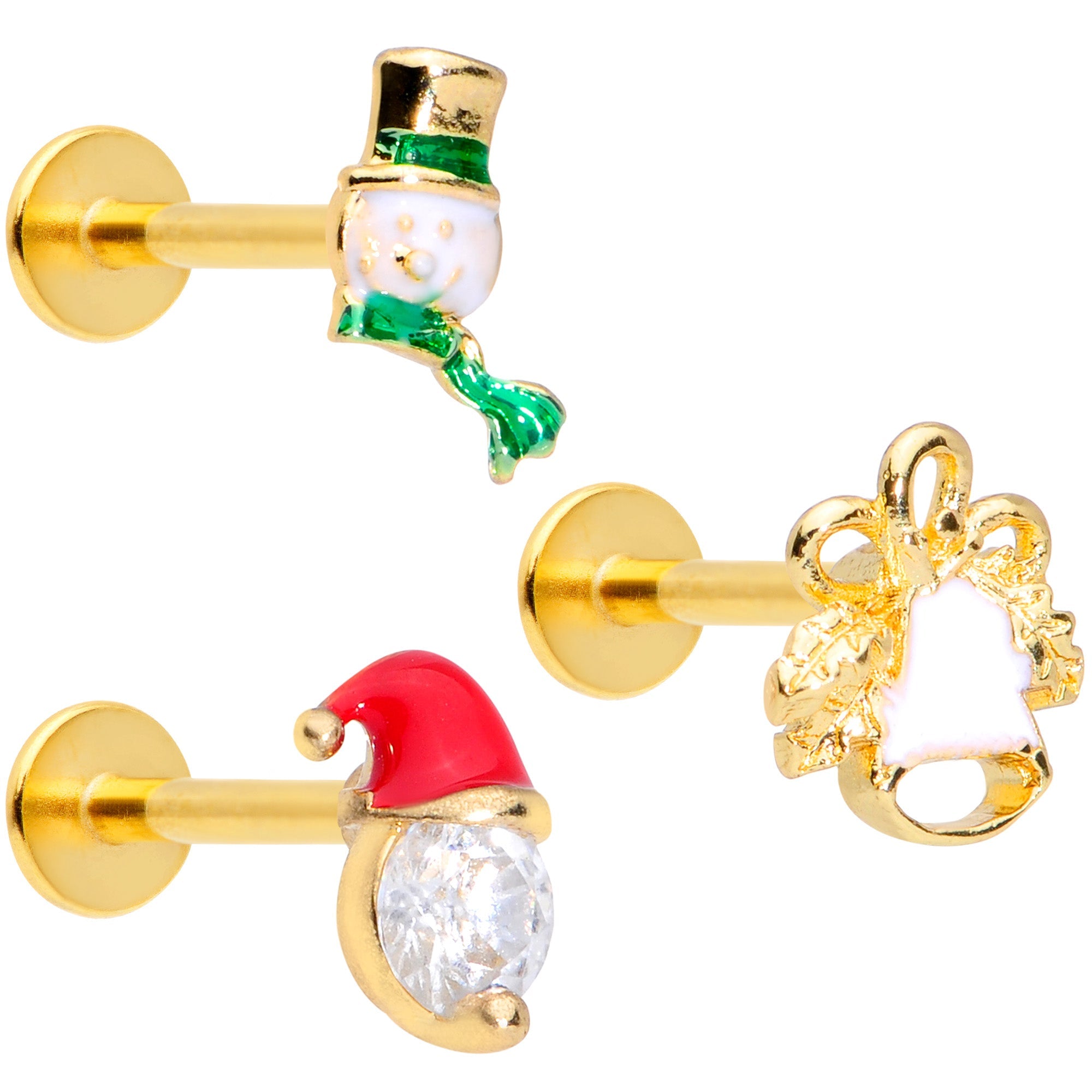 BodyCandy 16G 5/16 Clear Gem Gold Tone Christmas Labret Monroe Tragus Set of 3 — main product shot