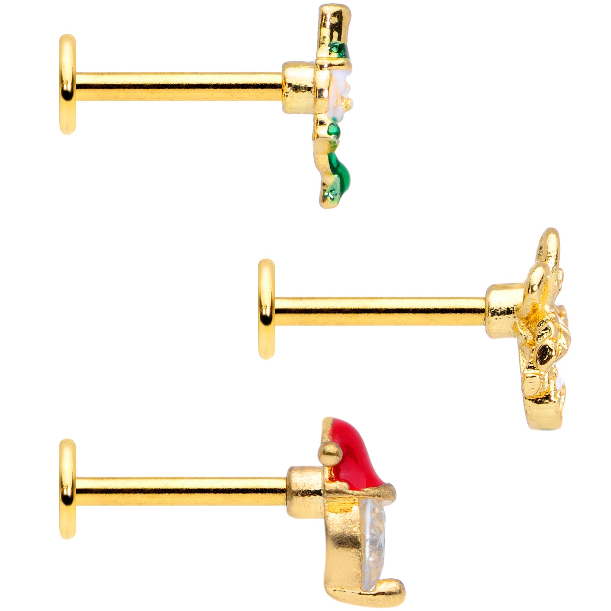 BodyCandy 16G 5/16 Clear Gem Gold Tone Christmas Labret Monroe Tragus Set of 3 — side view