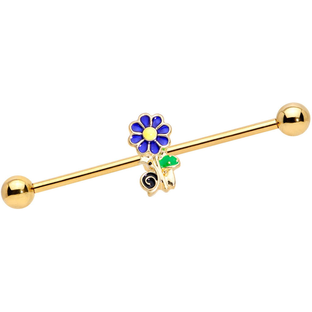 BodyCandy 14G Gold Tone Blue Green Snail Flower Industrial Barbell 38mm — main product shot