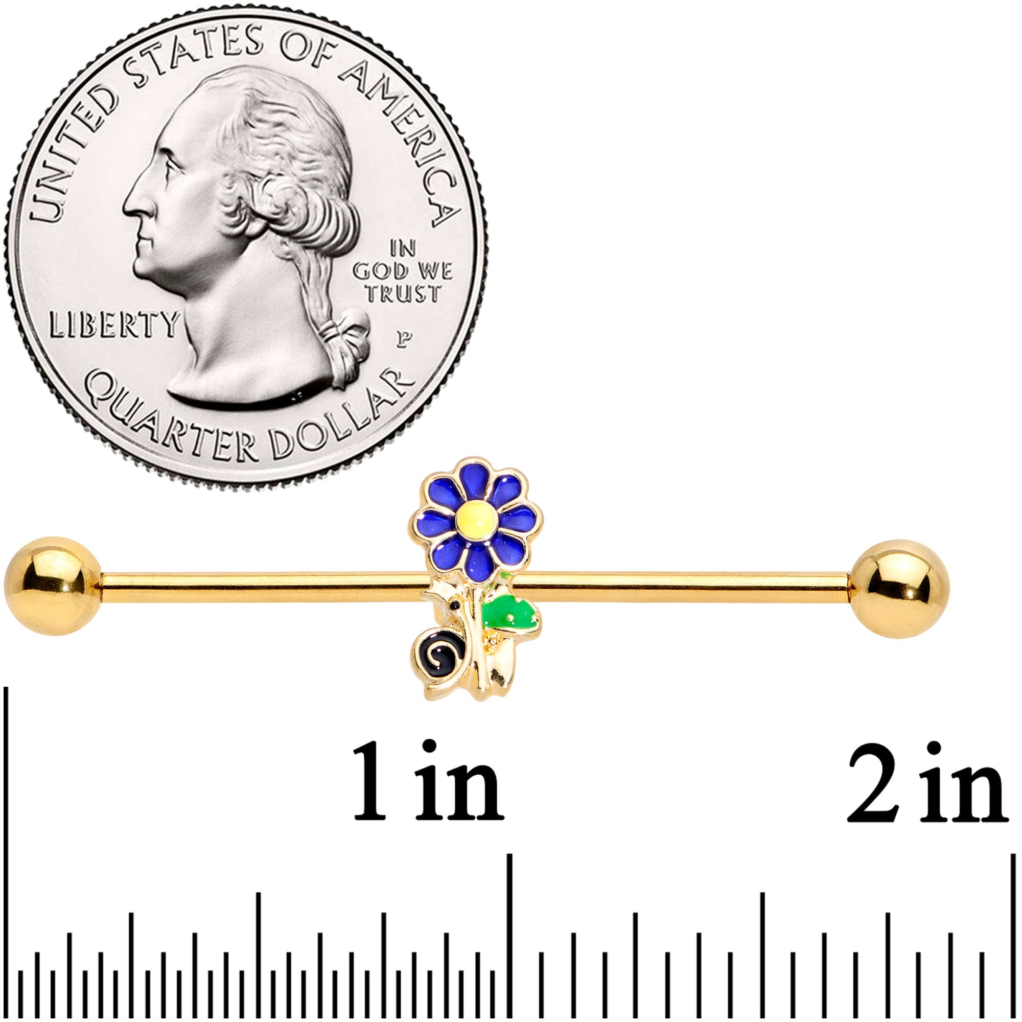 BodyCandy 14G Gold Tone Blue Green Snail Flower Industrial Barbell 38mm — side view
