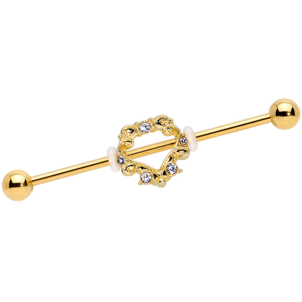 BodyCandy 14G Clear CZ Gem Gold Tone Ornate Heart Industrial Barbell 38mm — main product shot