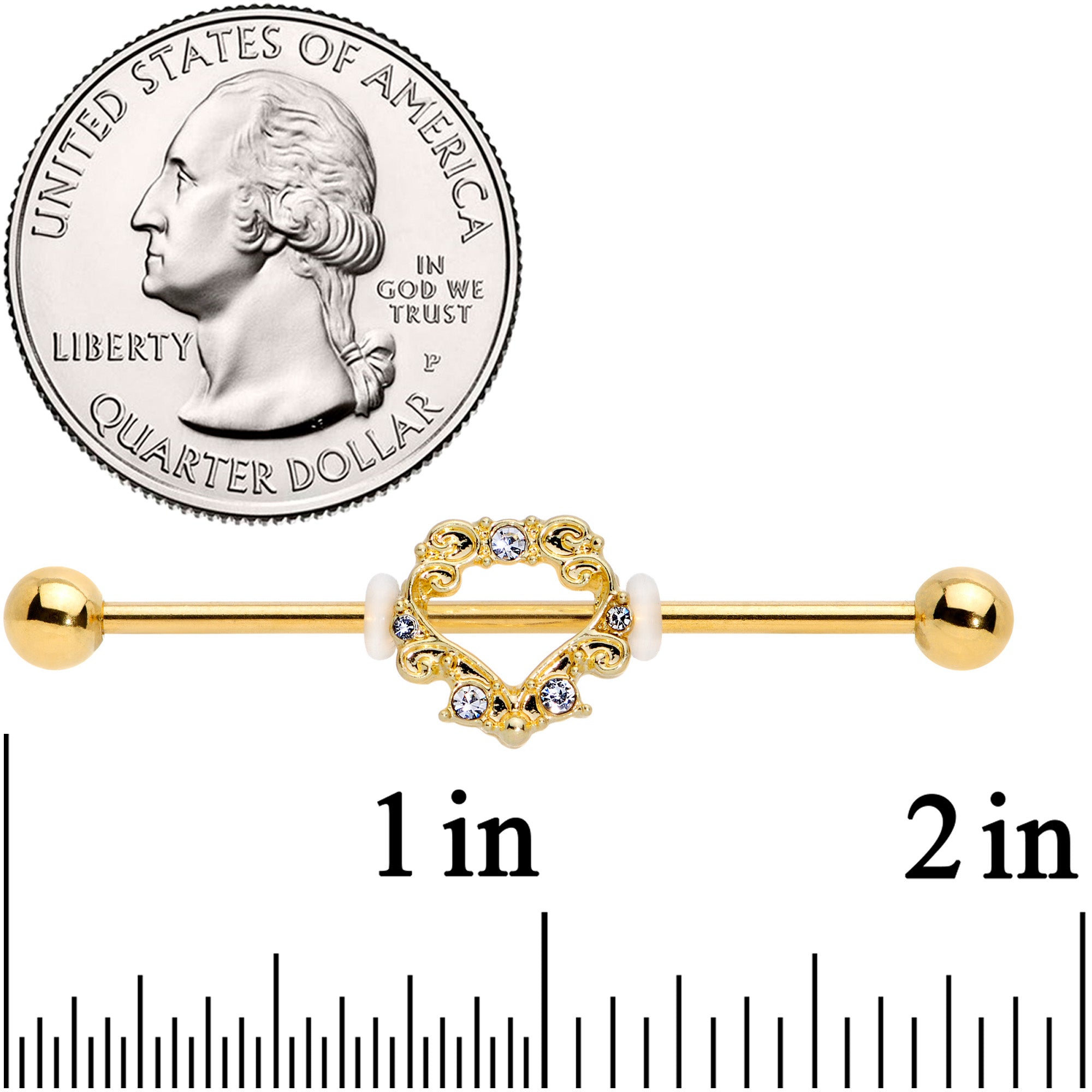 BodyCandy 14G Clear CZ Gem Gold Tone Ornate Heart Industrial Barbell 38mm — detail close-up