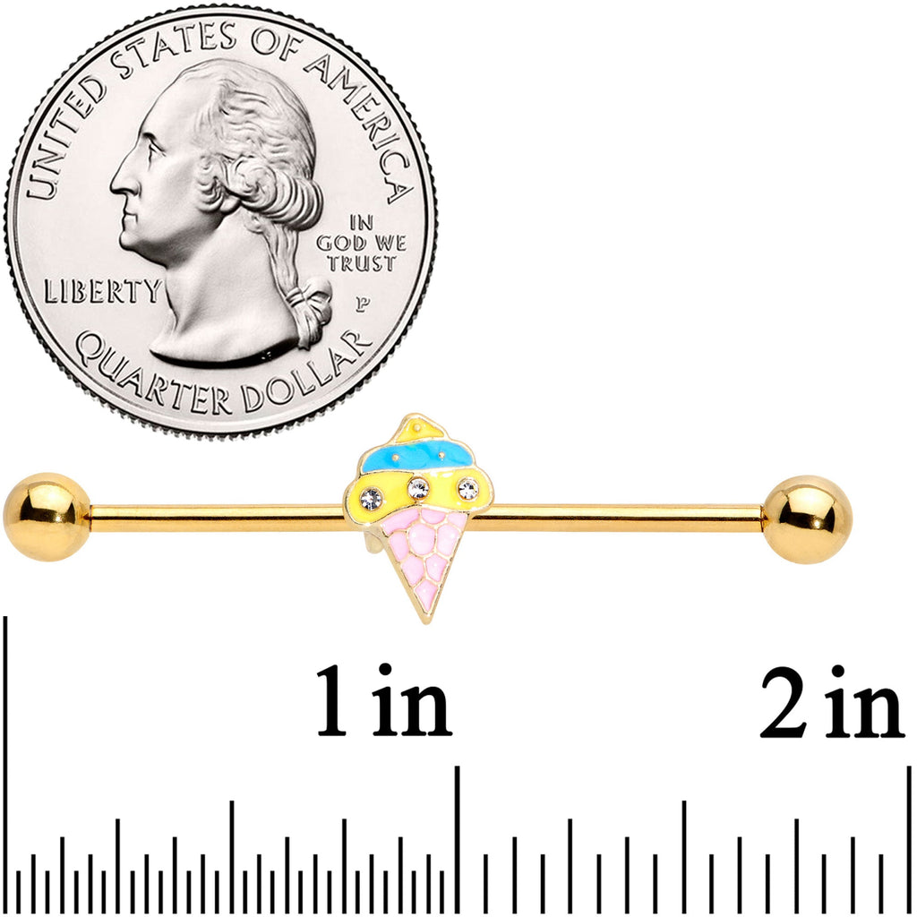 BodyCandy 14G Clear Gem Gold Tone Ice Cream Cone Industrial Barbell 38mm — side view