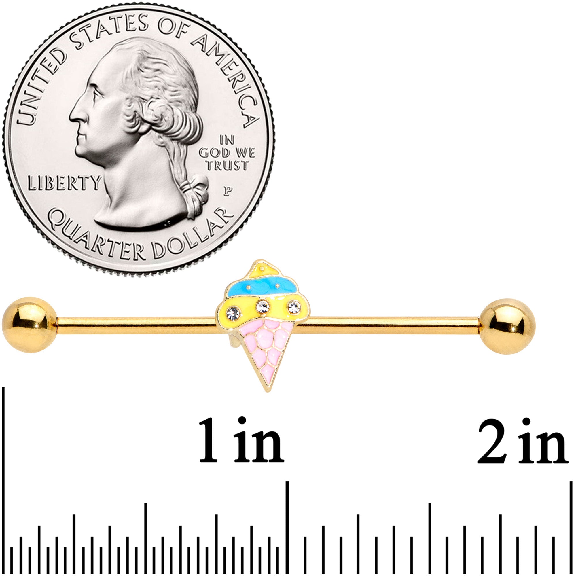 BodyCandy 14G Clear Gem Gold Tone Ice Cream Cone Industrial Barbell 38mm — side view
