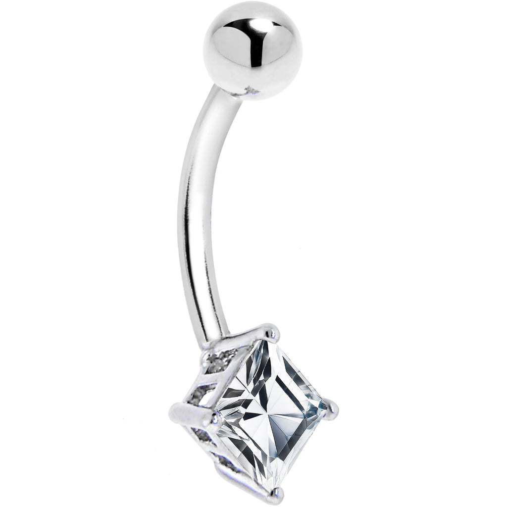 BodyCandy 16G Solid 14K White Gold CZ SQUARE SOLITAIRE Belly Ring — detail close-up