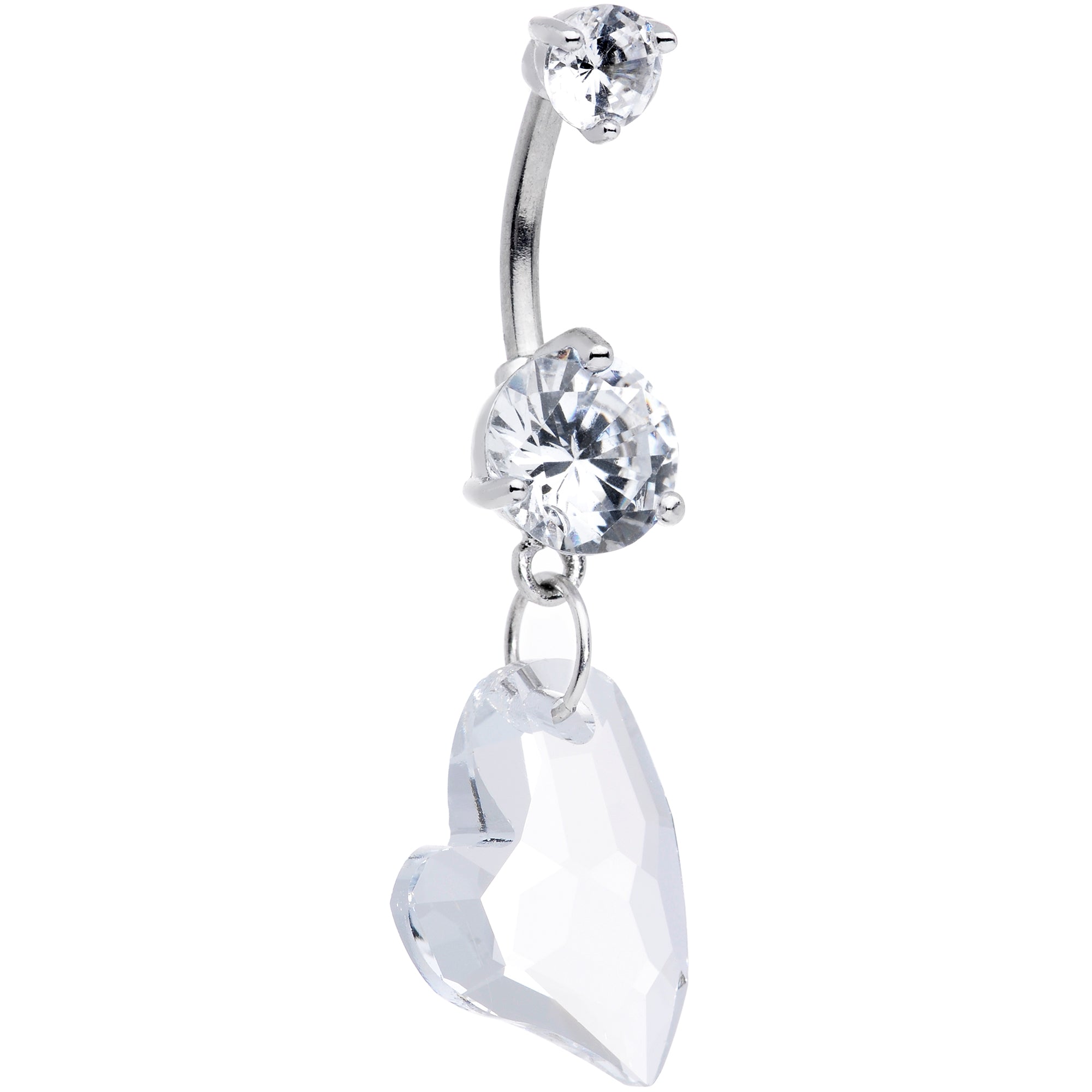 BodyCandy Clear Gem Stylized Heart Dangle Belly Ring — detail close-up