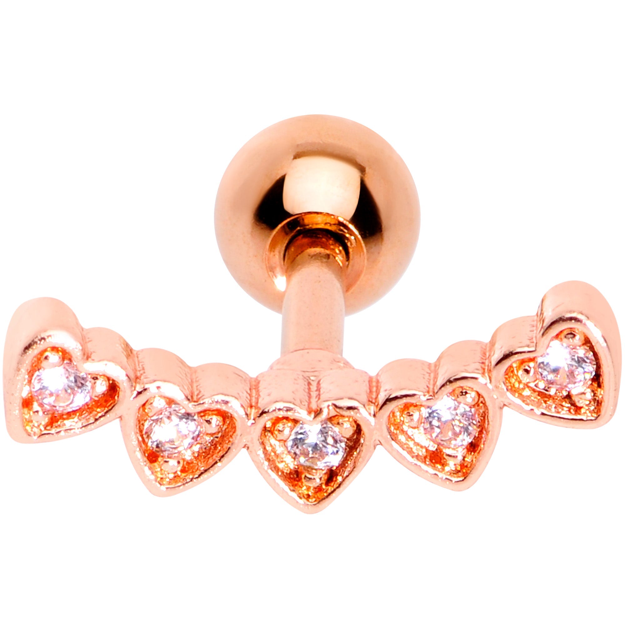 BodyCandy 16G 1/4 Clear CZ Gem Rose Gold Tone Five Heart Cartilage Tragus — detail close-up