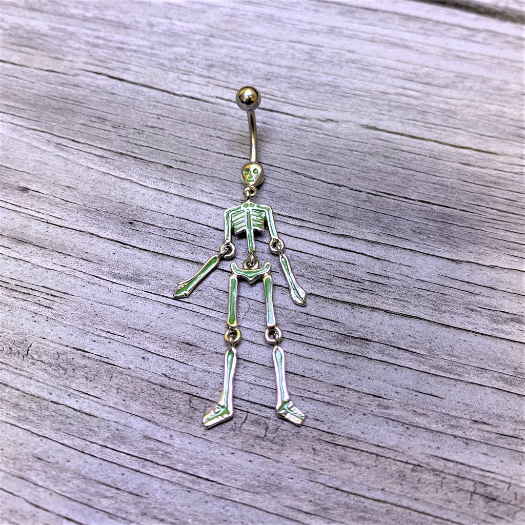 BodyCandy Green Hinged Halloween Skeleton Dangle Belly Ring — detail close-up