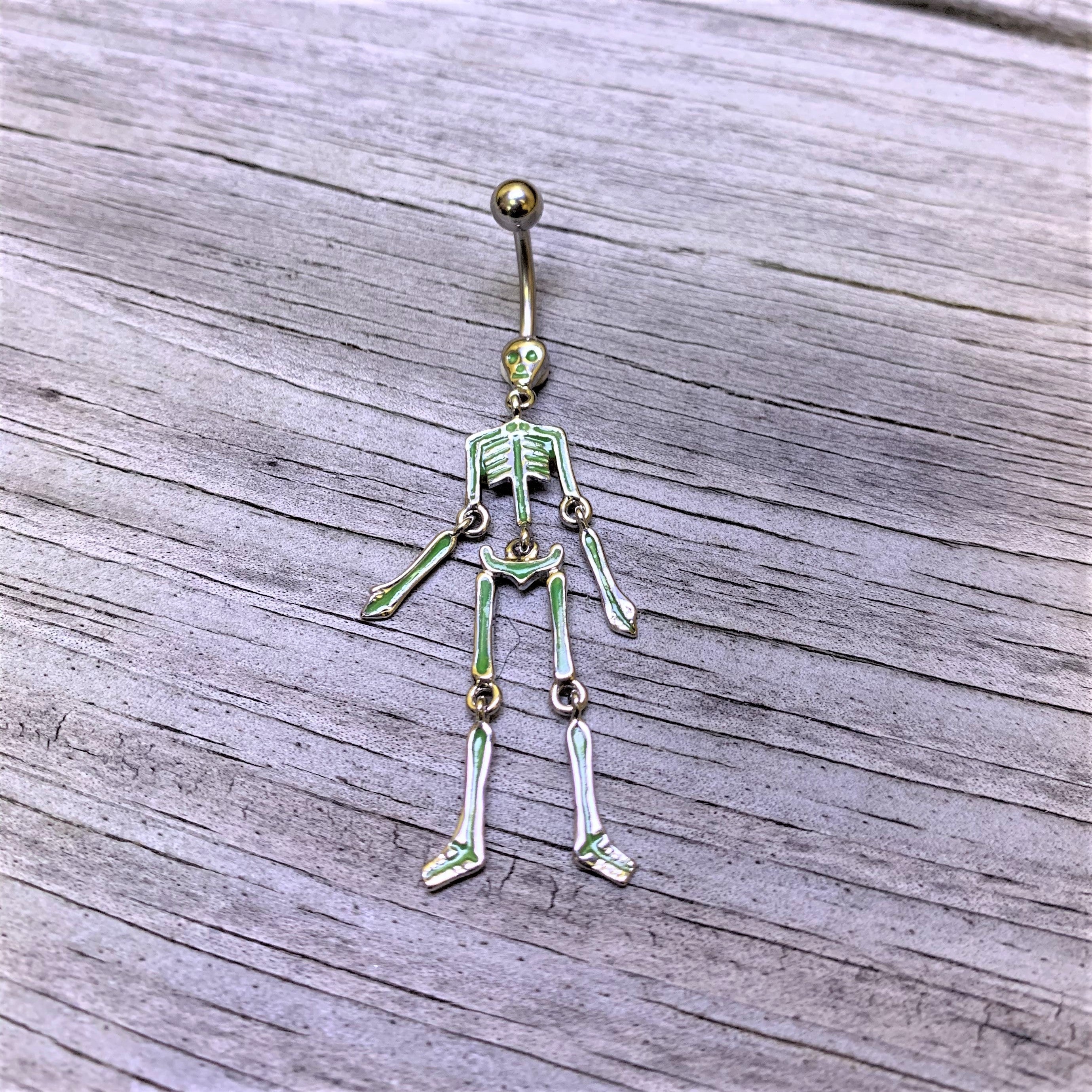 BodyCandy Green Hinged Halloween Skeleton Dangle Belly Ring — detail close-up