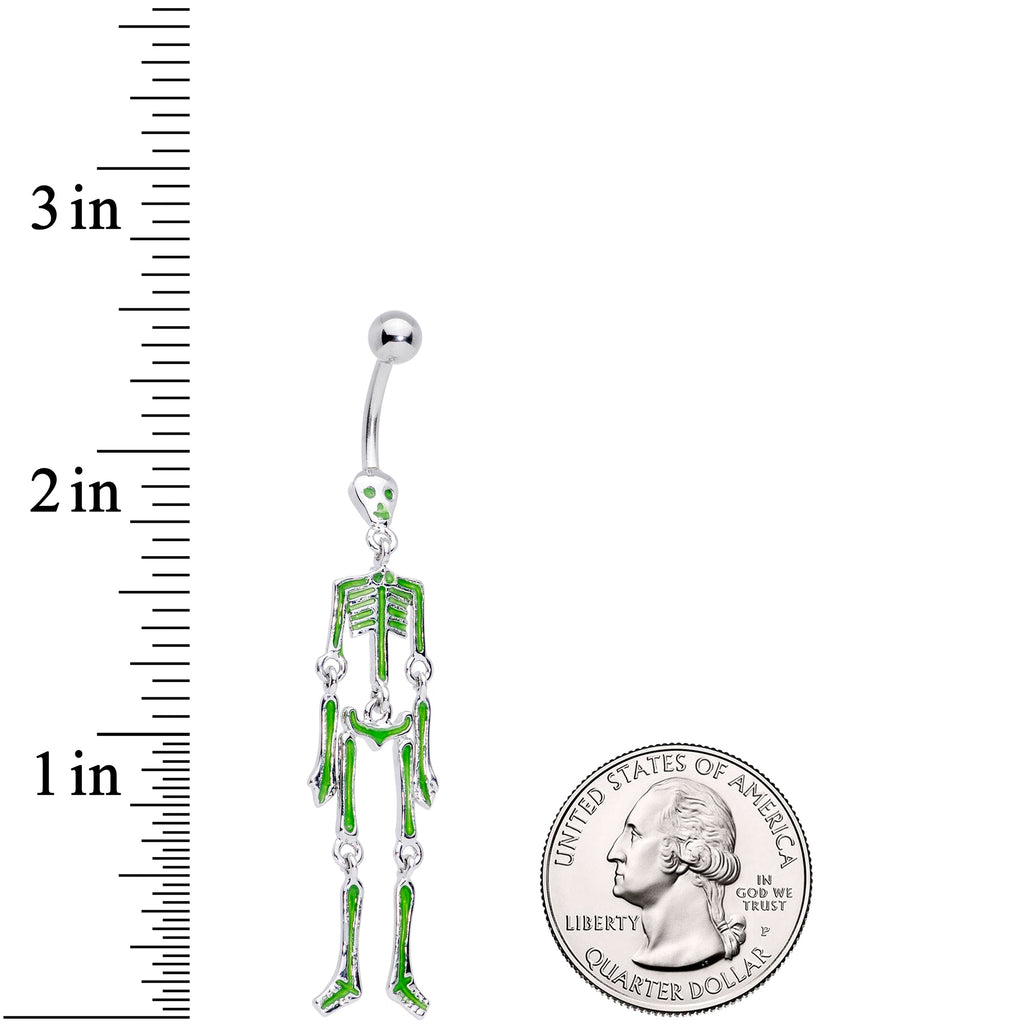 BodyCandy Green Hinged Halloween Skeleton Dangle Belly Ring — side view