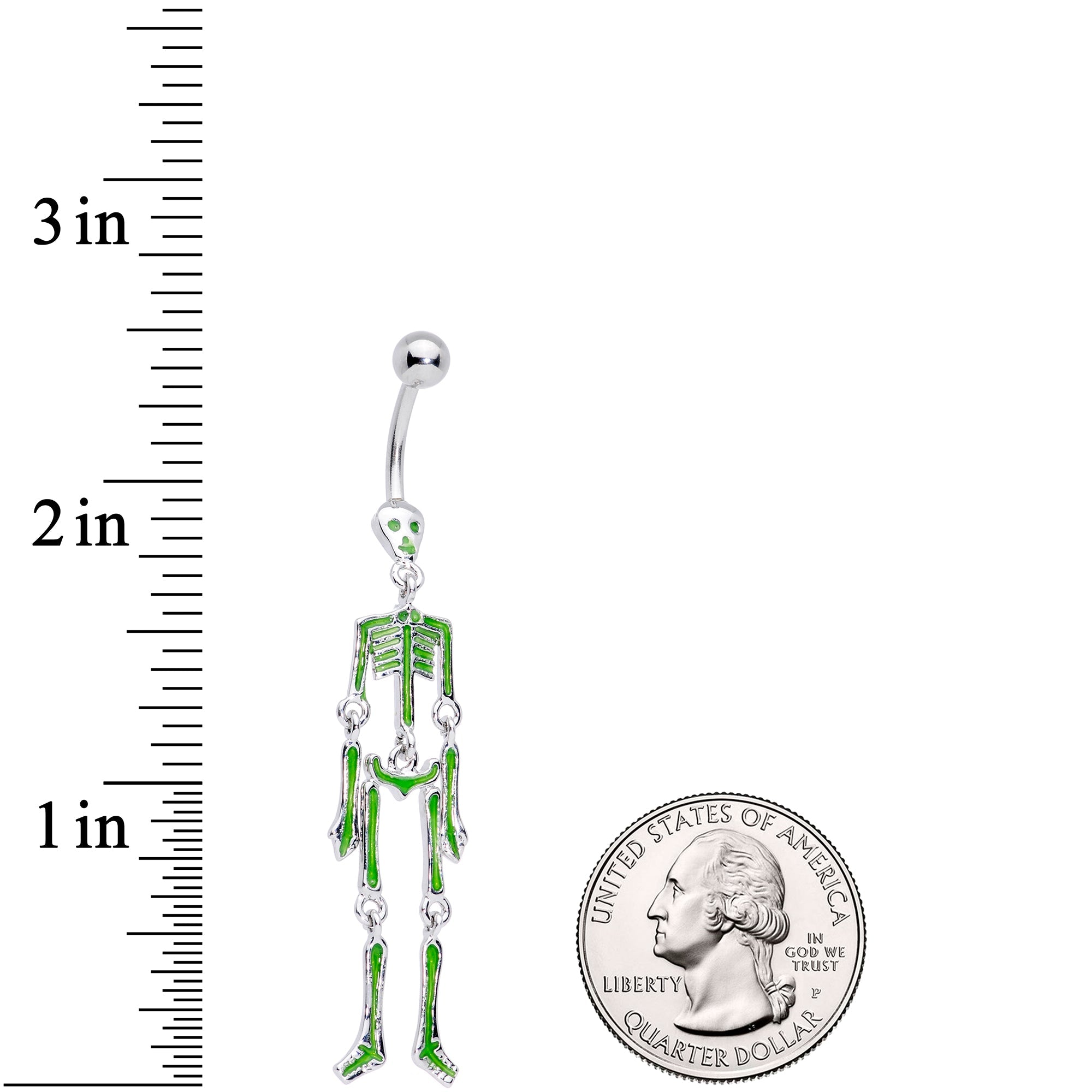 BodyCandy Green Hinged Halloween Skeleton Dangle Belly Ring — side view