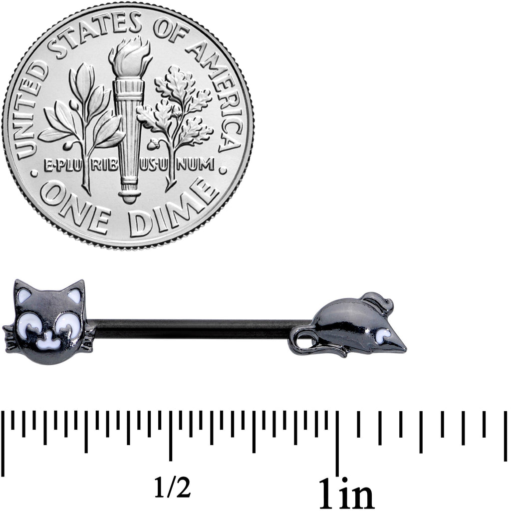 BodyCandy 14G 9/16 Black Cat Mouse Halloween Barbell Nipple Ring Set — detail close-up