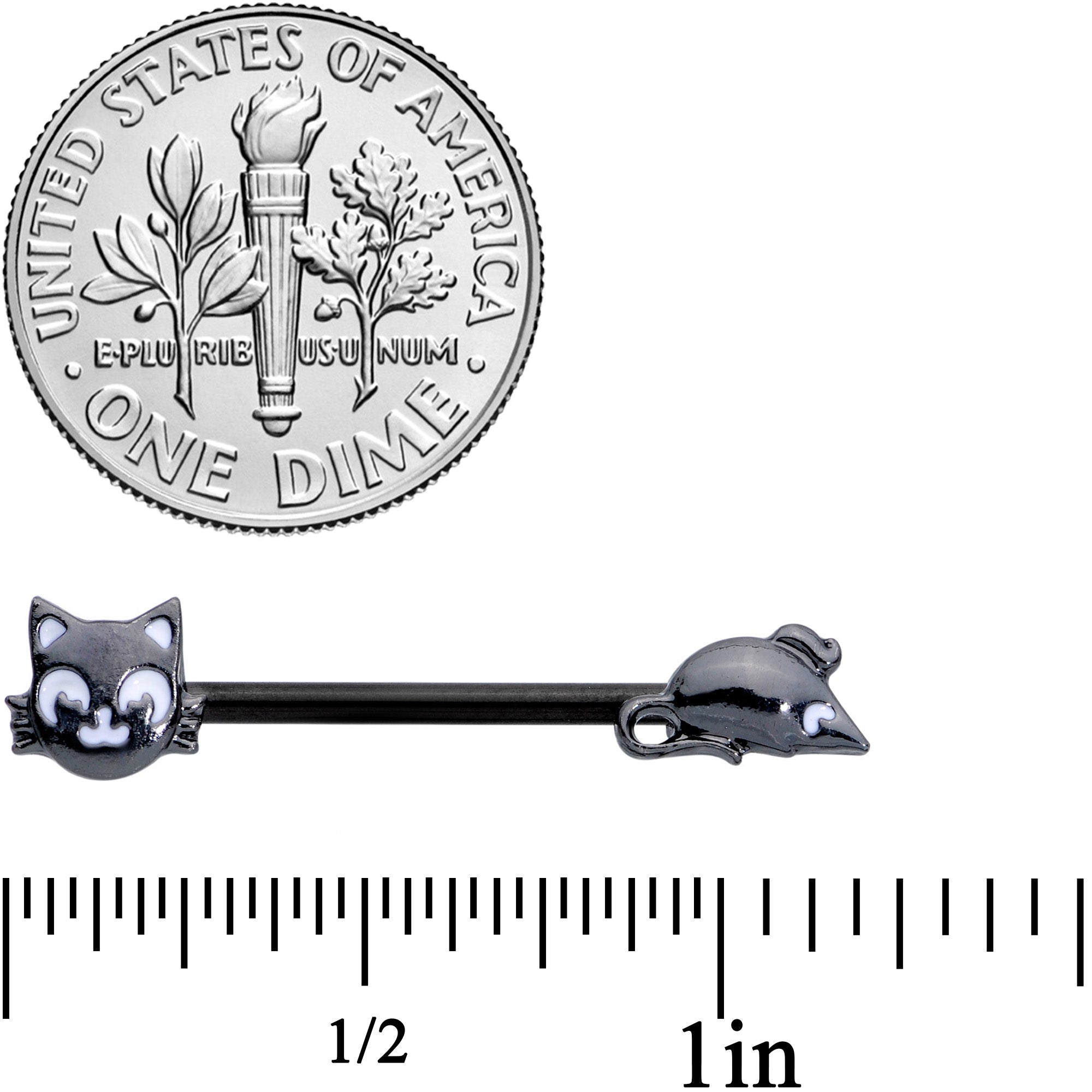BodyCandy 14G 9/16 Black Cat Mouse Halloween Barbell Nipple Ring Set — detail close-up