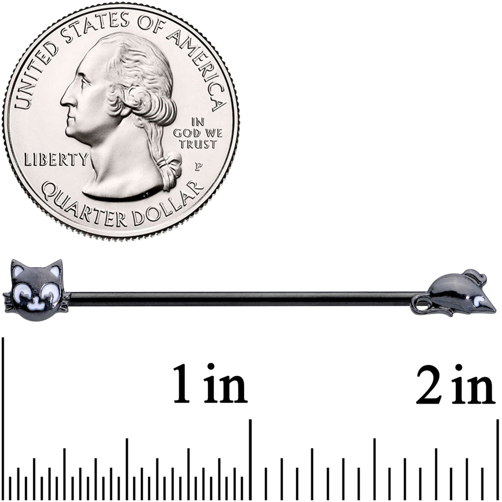 BodyCandy 14G Black Cat Mouse Halloween Industrial Barbell 38mm — detail close-up