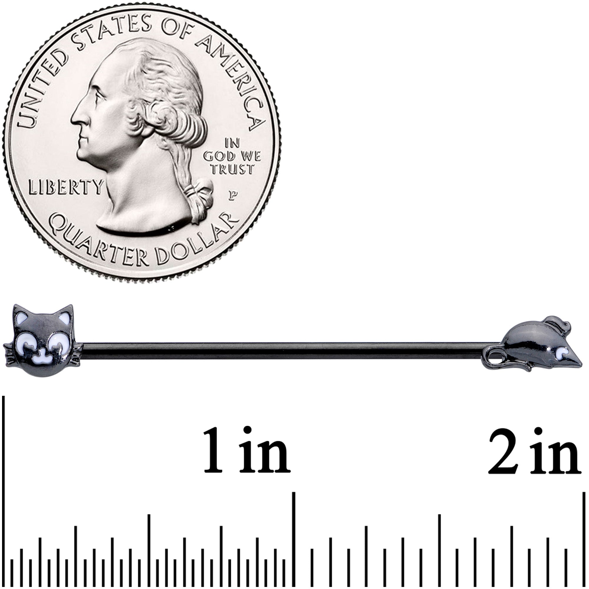 BodyCandy 14G Black Cat Mouse Halloween Industrial Barbell 38mm — detail close-up