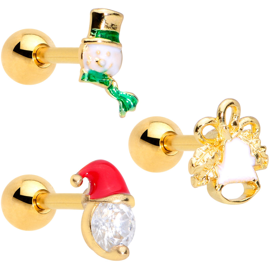 BodyCandy 16G 1/4 Clear Gem Gold Tone Christmas Cartilage Earring Set of 3 — main product shot