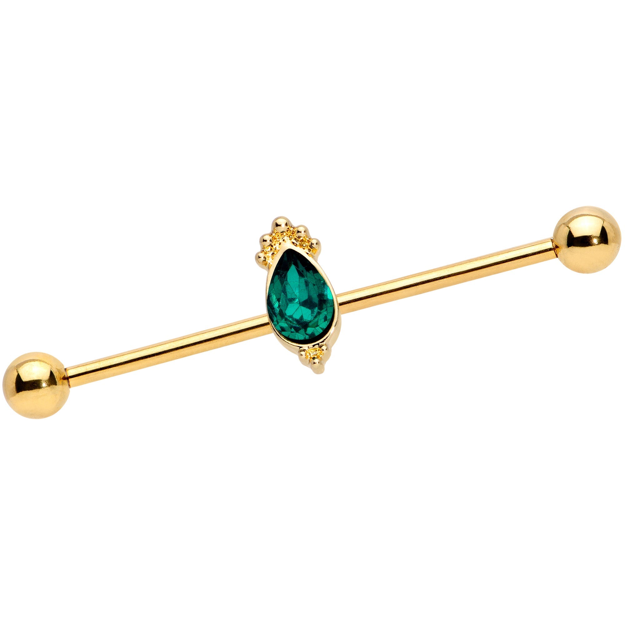BodyCandy 14G Green Gem Gold Tone Regal Drop Industrial Barbell 38mm — main product shot