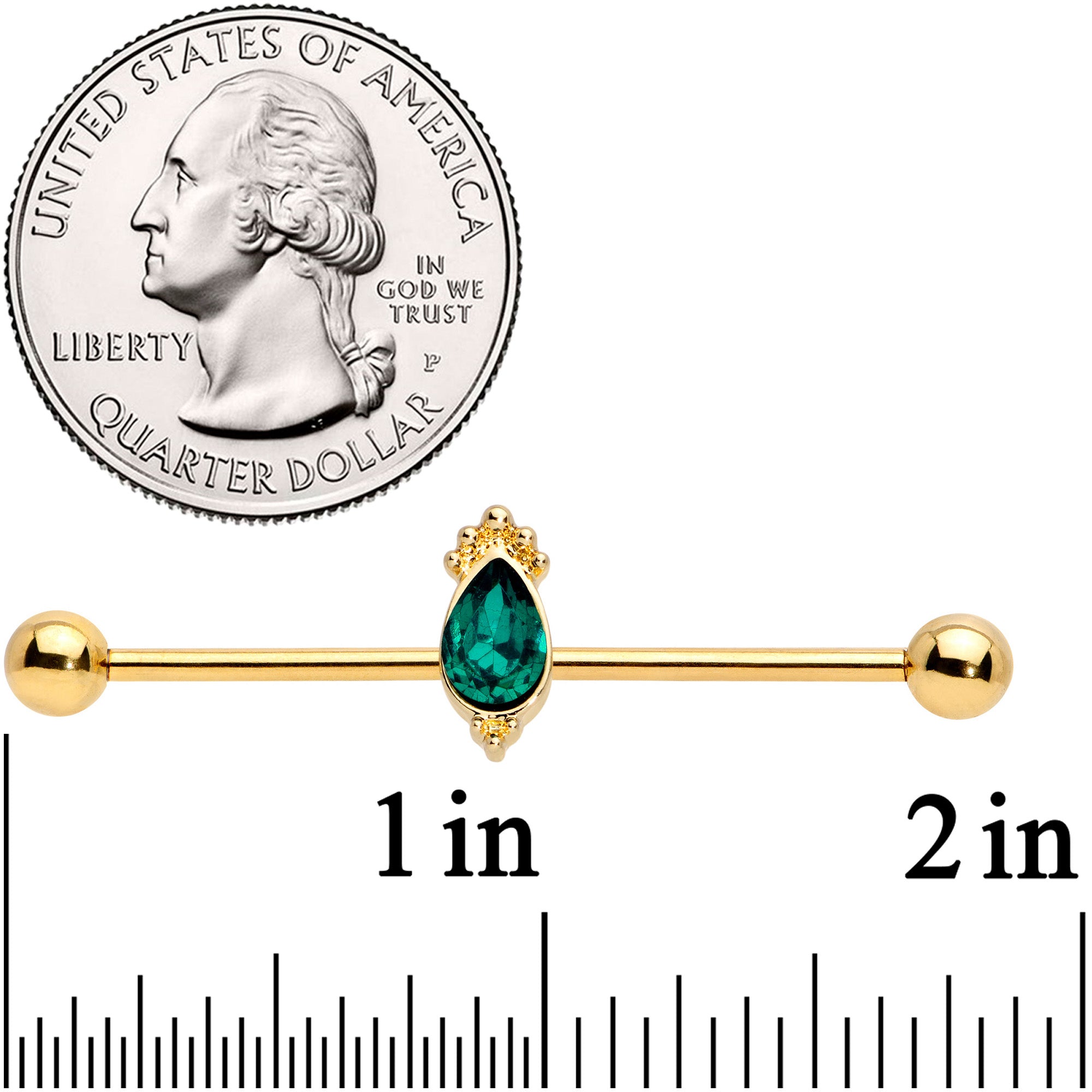 BodyCandy 14G Green Gem Gold Tone Regal Drop Industrial Barbell 38mm — back view