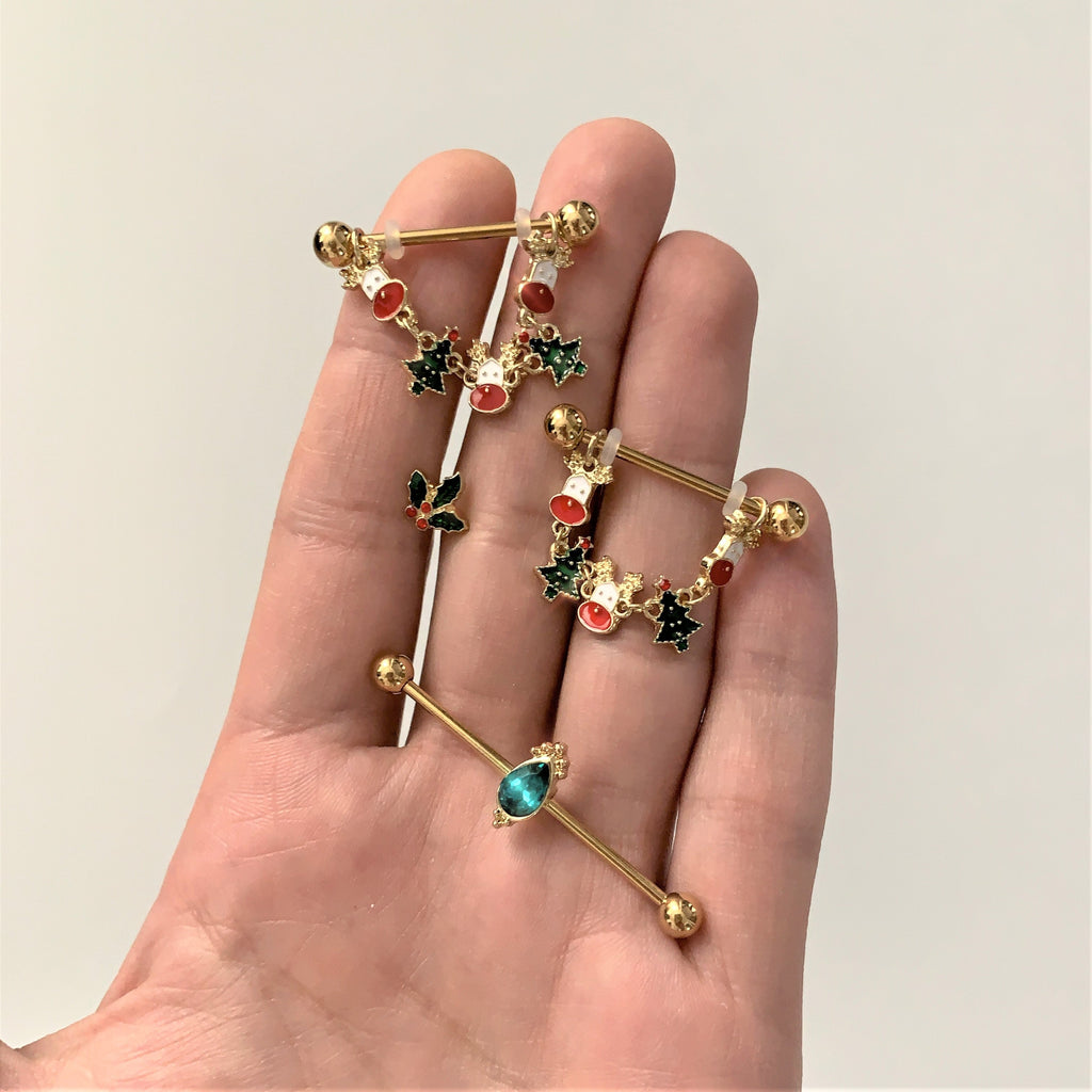 BodyCandy 14G Green Gem Gold Tone Regal Drop Industrial Barbell 38mm — detail close-up