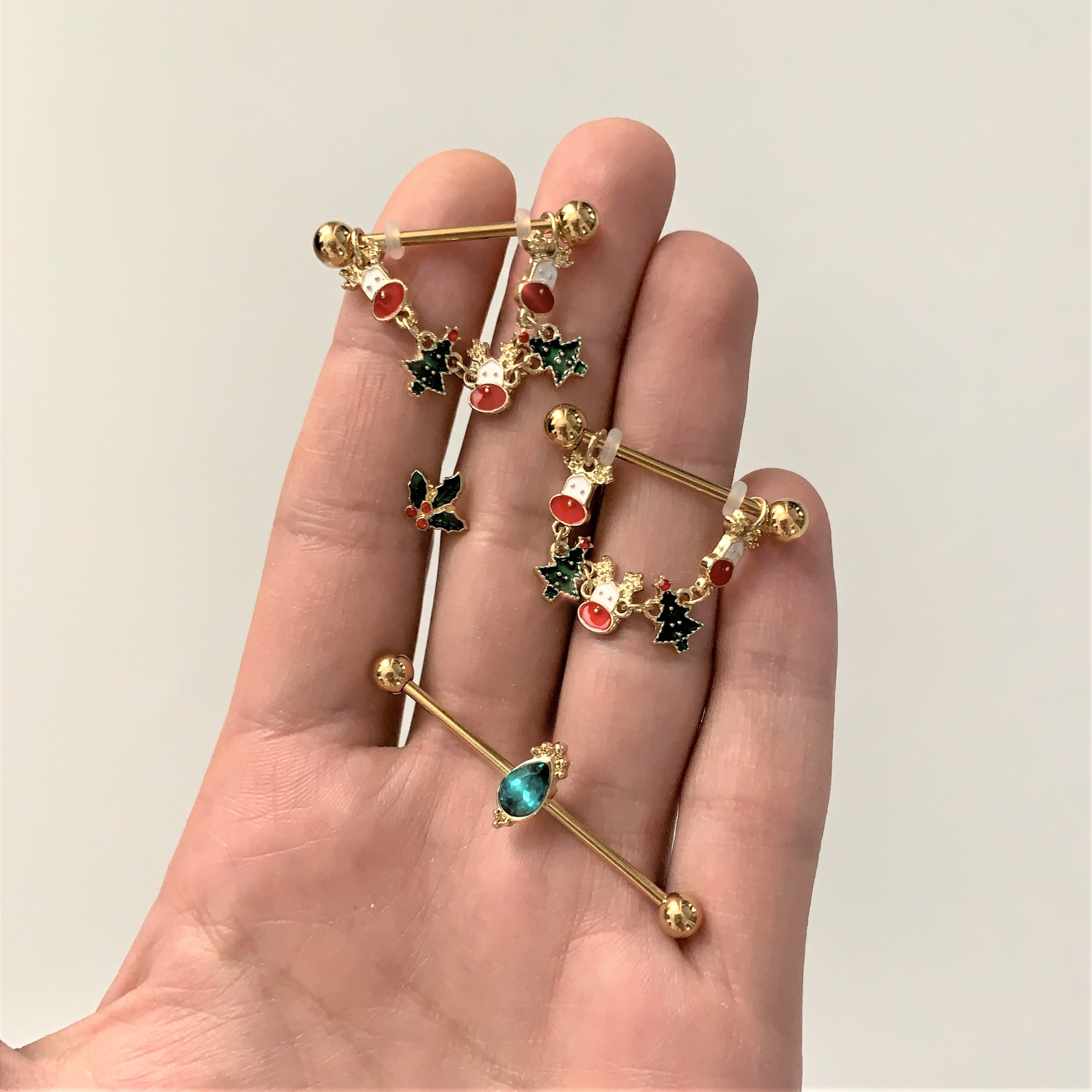 BodyCandy 14G Green Gem Gold Tone Regal Drop Industrial Barbell 38mm — detail close-up