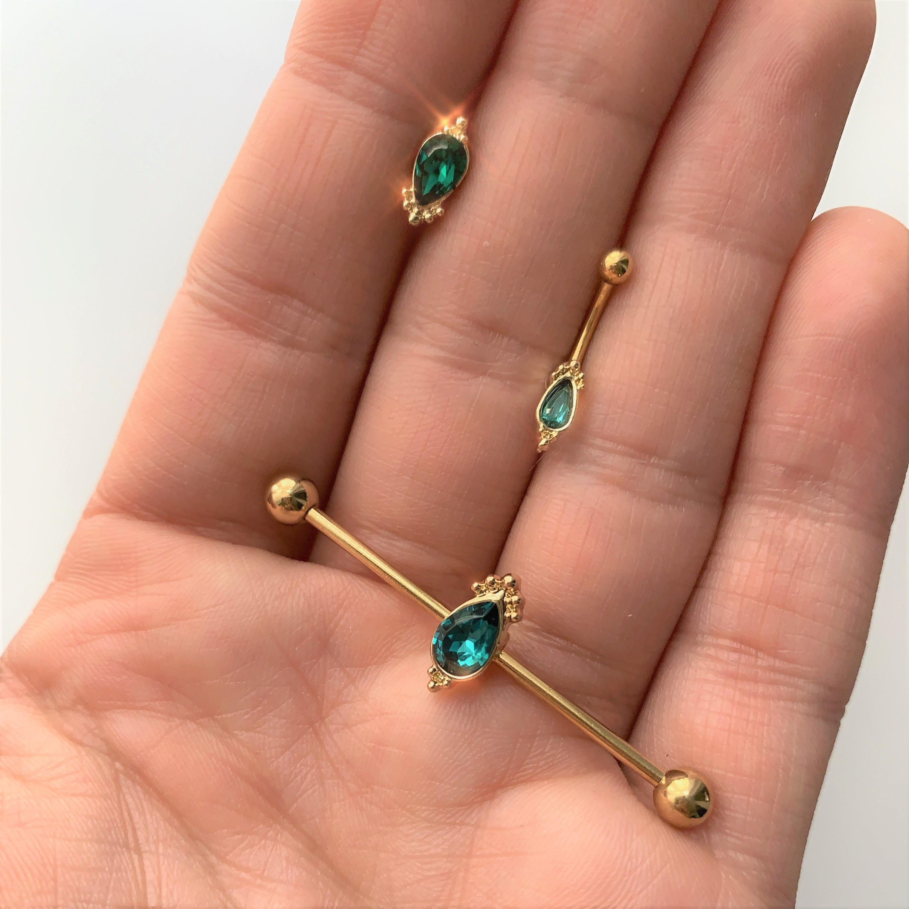 BodyCandy 14G Green Gem Gold Tone Regal Drop Industrial Barbell 38mm — lifestyle context