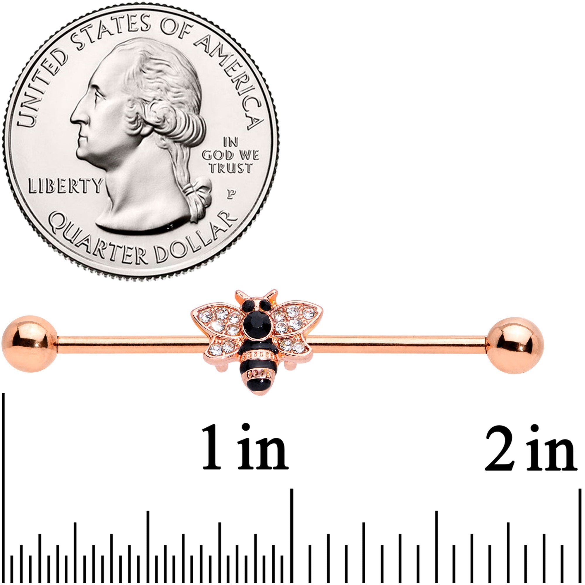 BodyCandy 14G Clear Black Gem Rose Gold Tone Bee Industrial Barbell 38mm — lifestyle context