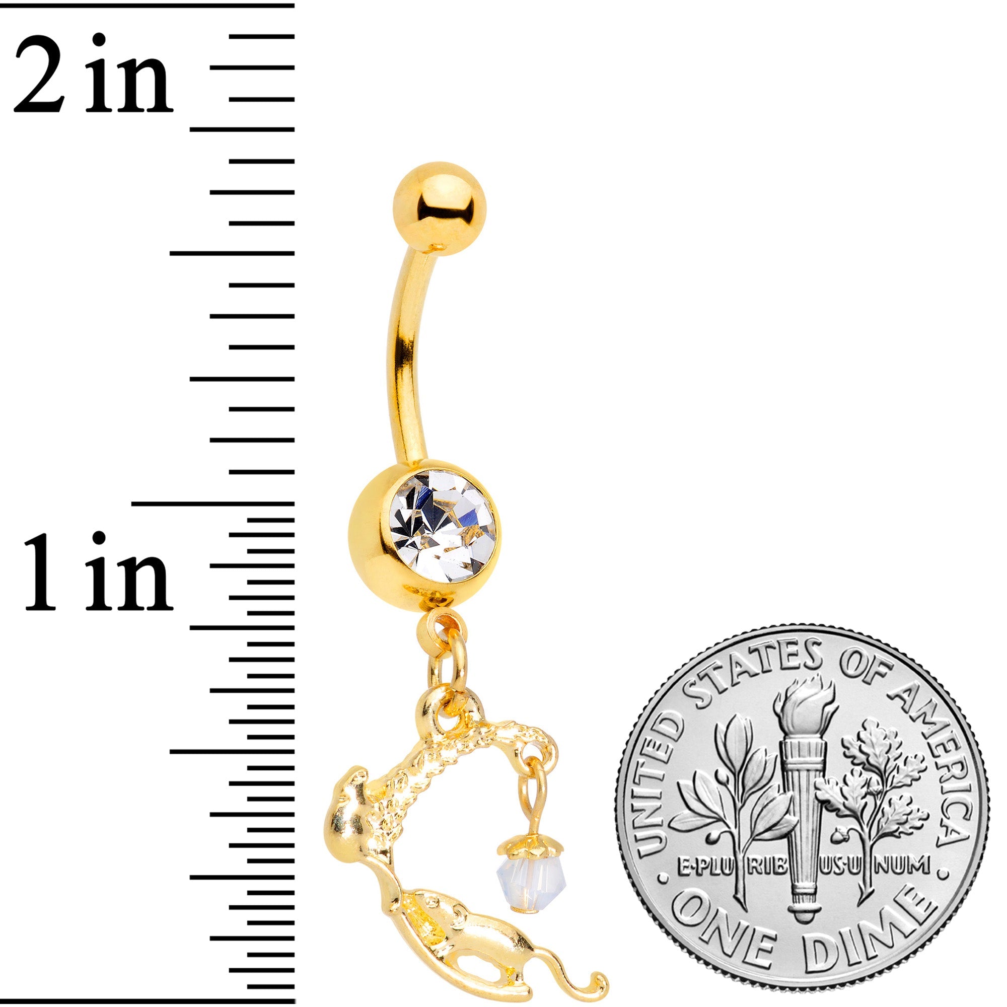 BodyCandy Clear Gem Gold Tone Wheat Mice Dangle Belly Ring — detail close-up