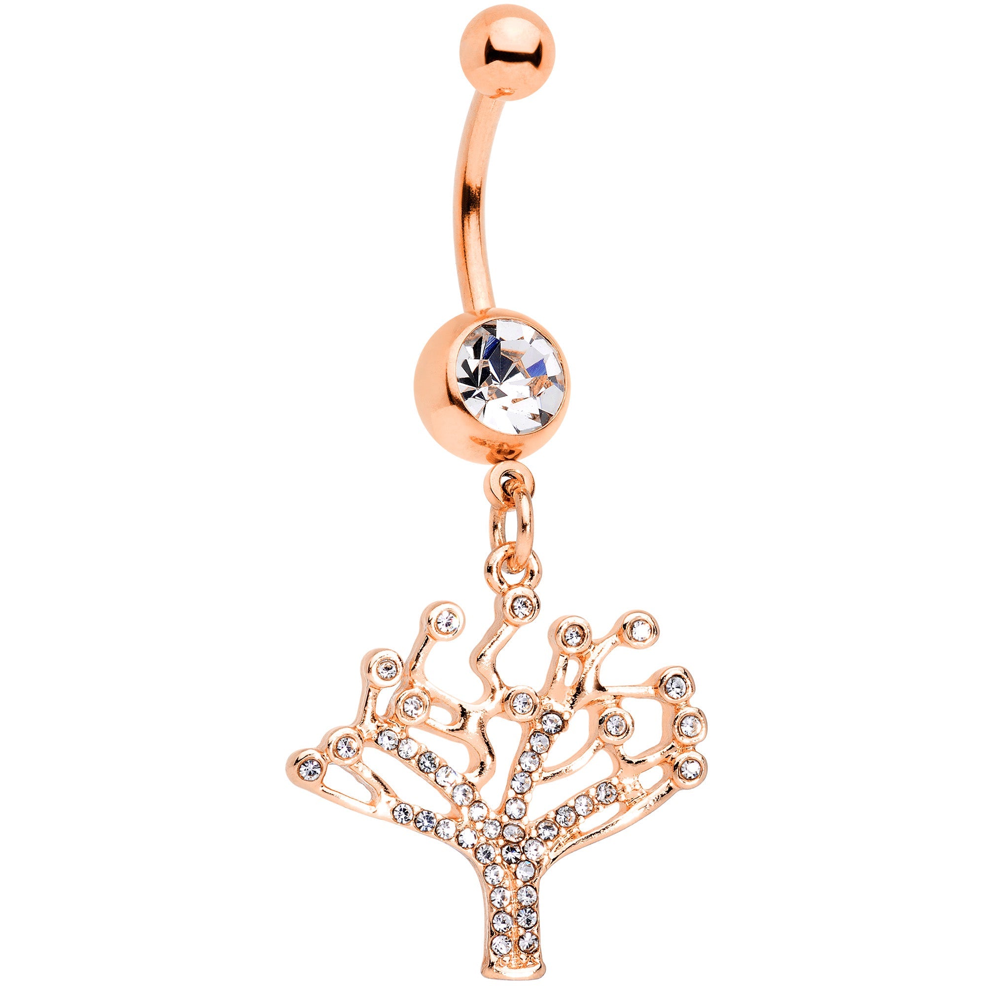 BodyCandy Clear CZ Gem Rose Gold Tone Angular Tree of Life Dangle Belly Ring — main product shot