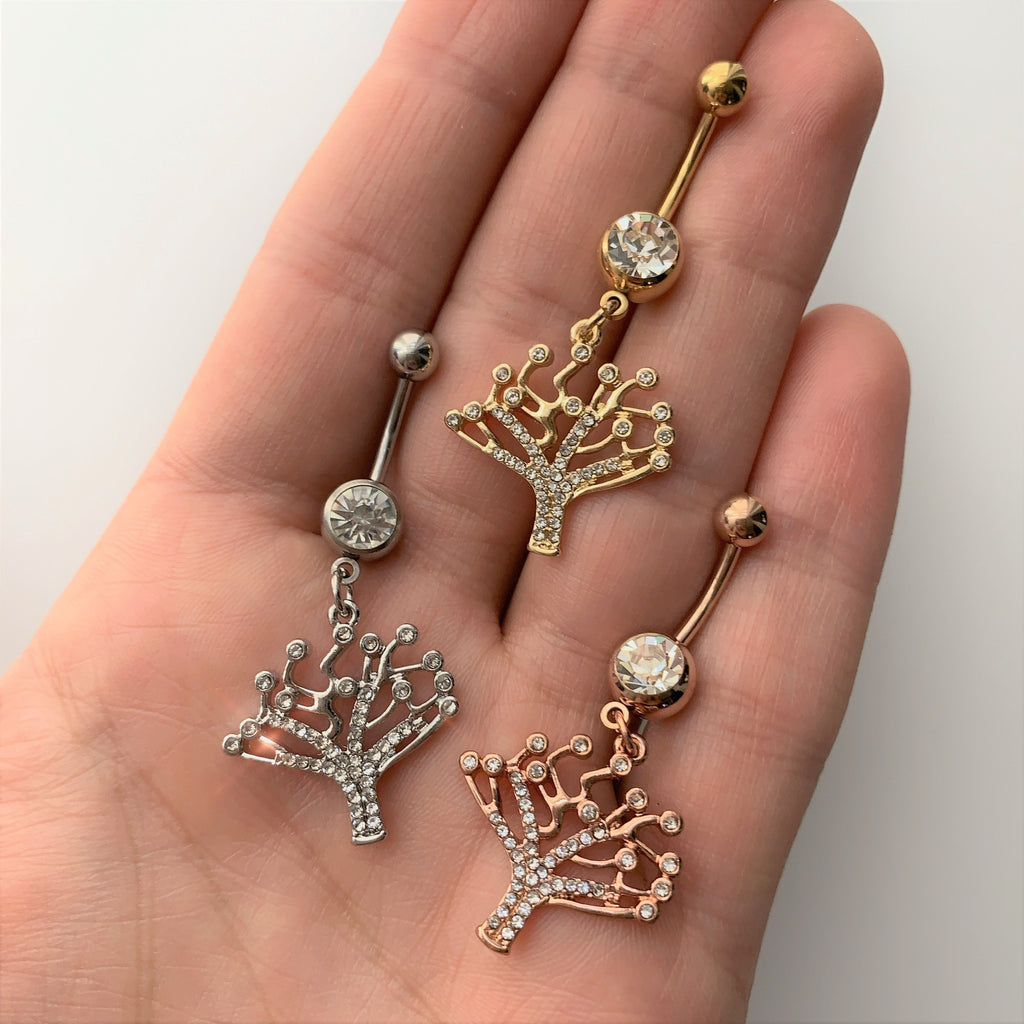 BodyCandy Clear CZ Gem Rose Gold Tone Angular Tree of Life Dangle Belly Ring — detail close-up