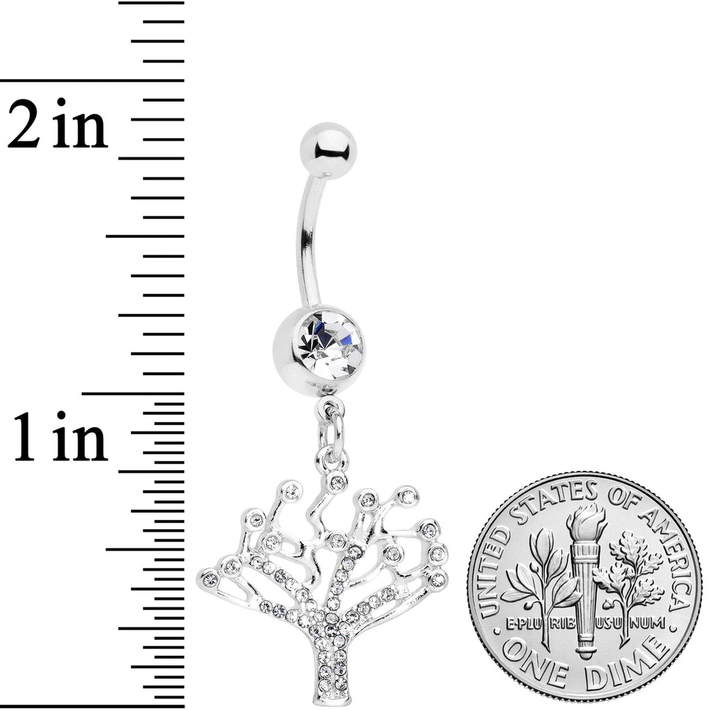 BodyCandy Clear CZ Gem Angular Tree of Life Dangle Belly Ring — detail close-up