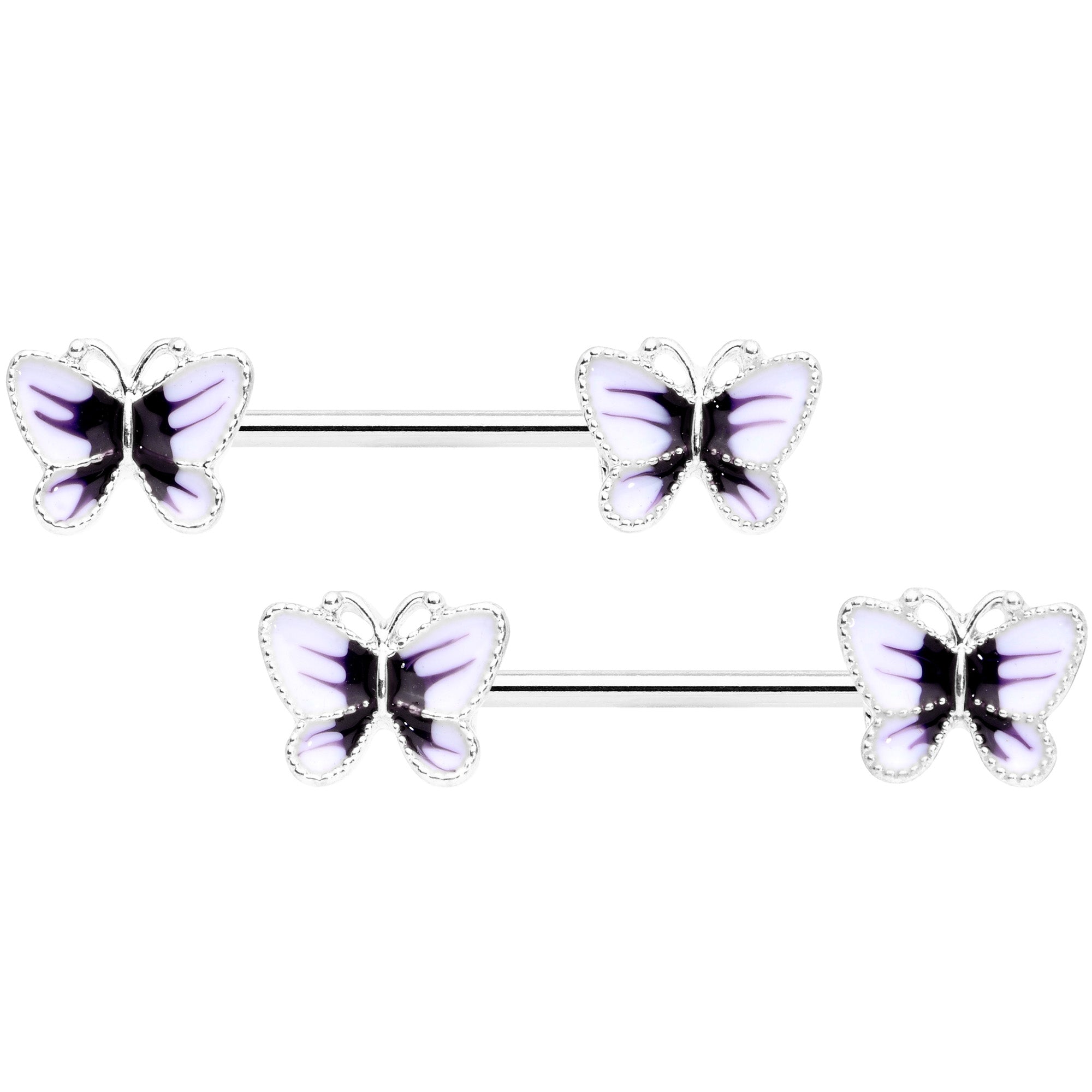 BodyCandy 14G 9/16 White Purple Butterfly Barbell Nipple Set — main product shot