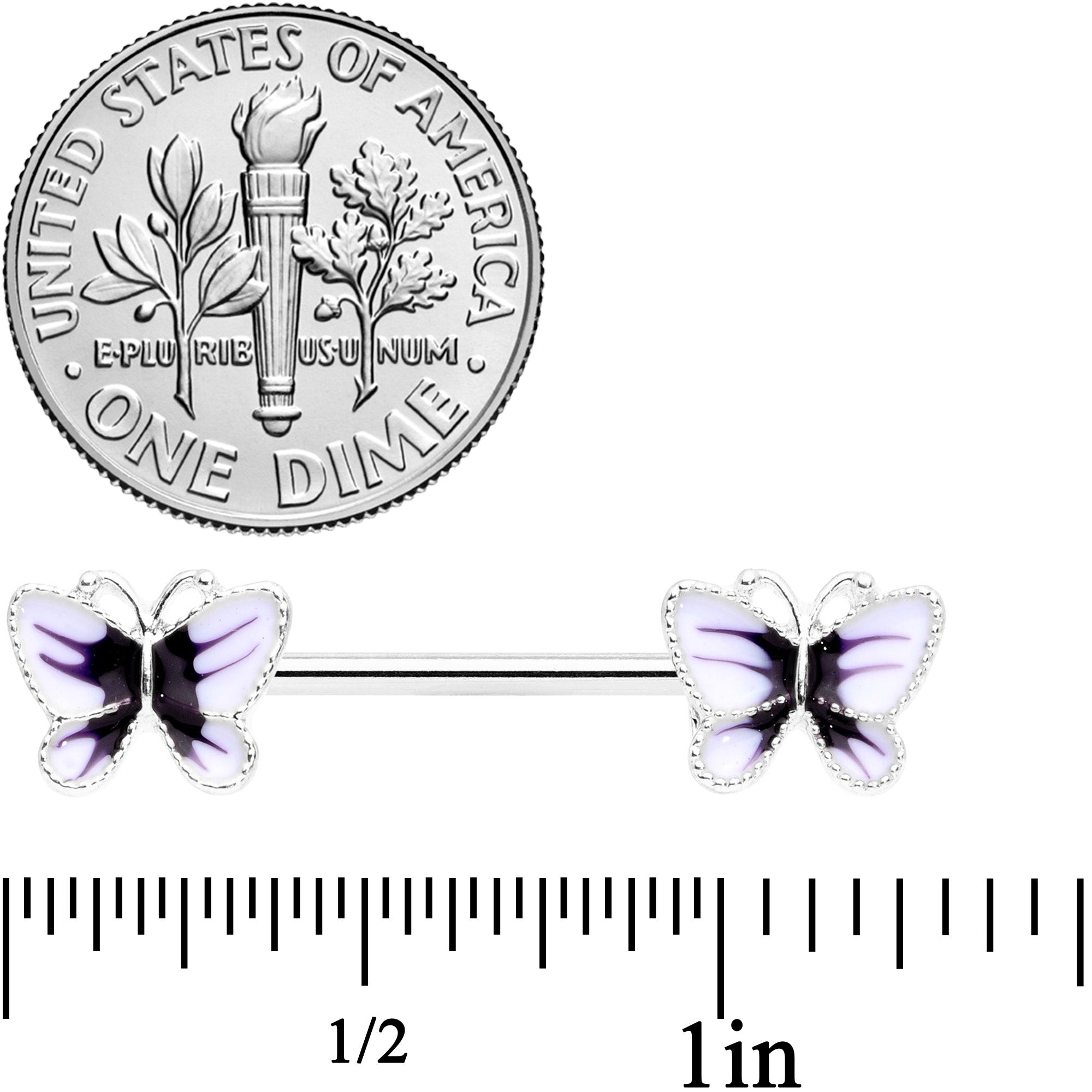 BodyCandy 14G 9/16 White Purple Butterfly Barbell Nipple Set — detail close-up