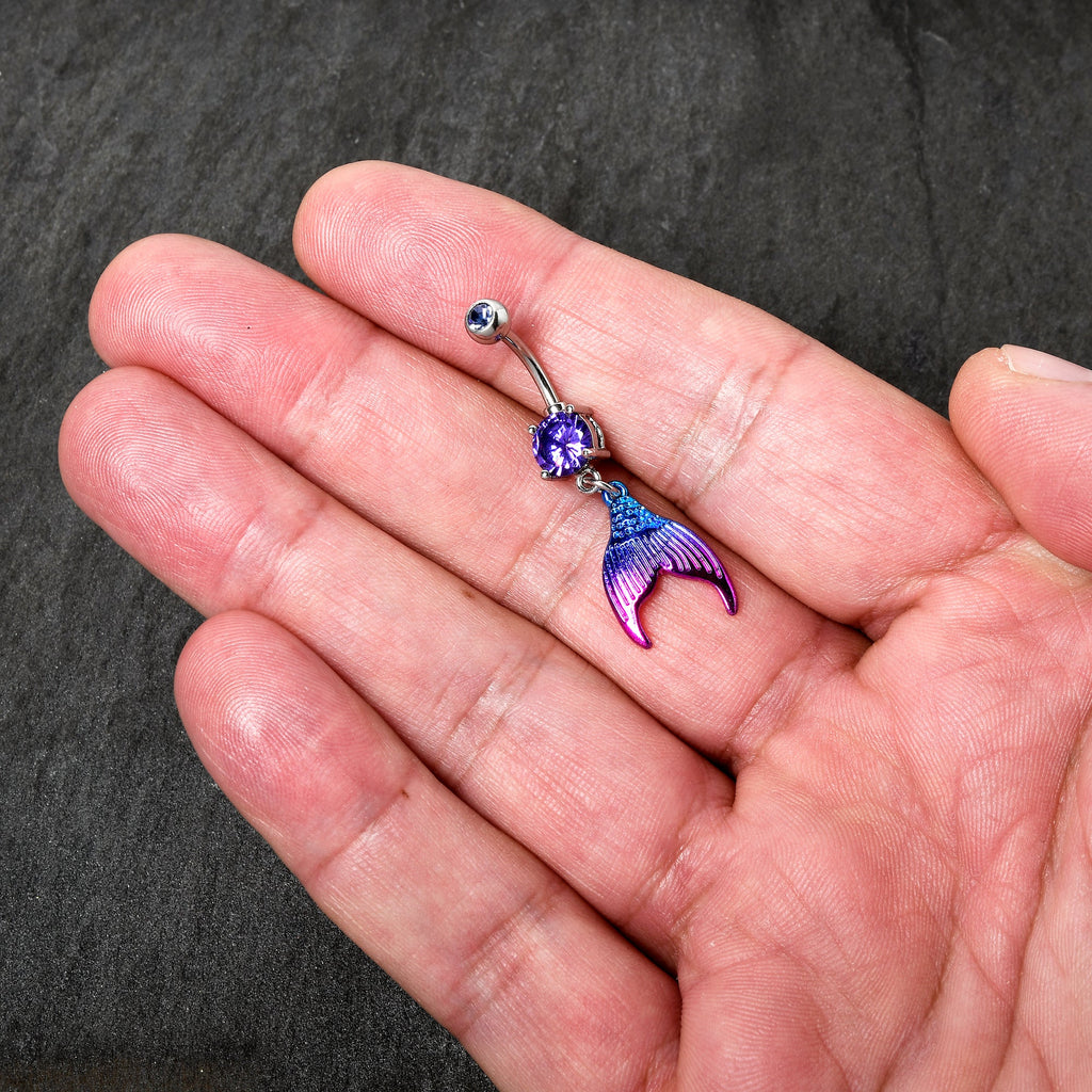 BodyCandy Purple Gem Aqua Pink Mermaid Scale Tail Dangle Belly Ring — in-use photo