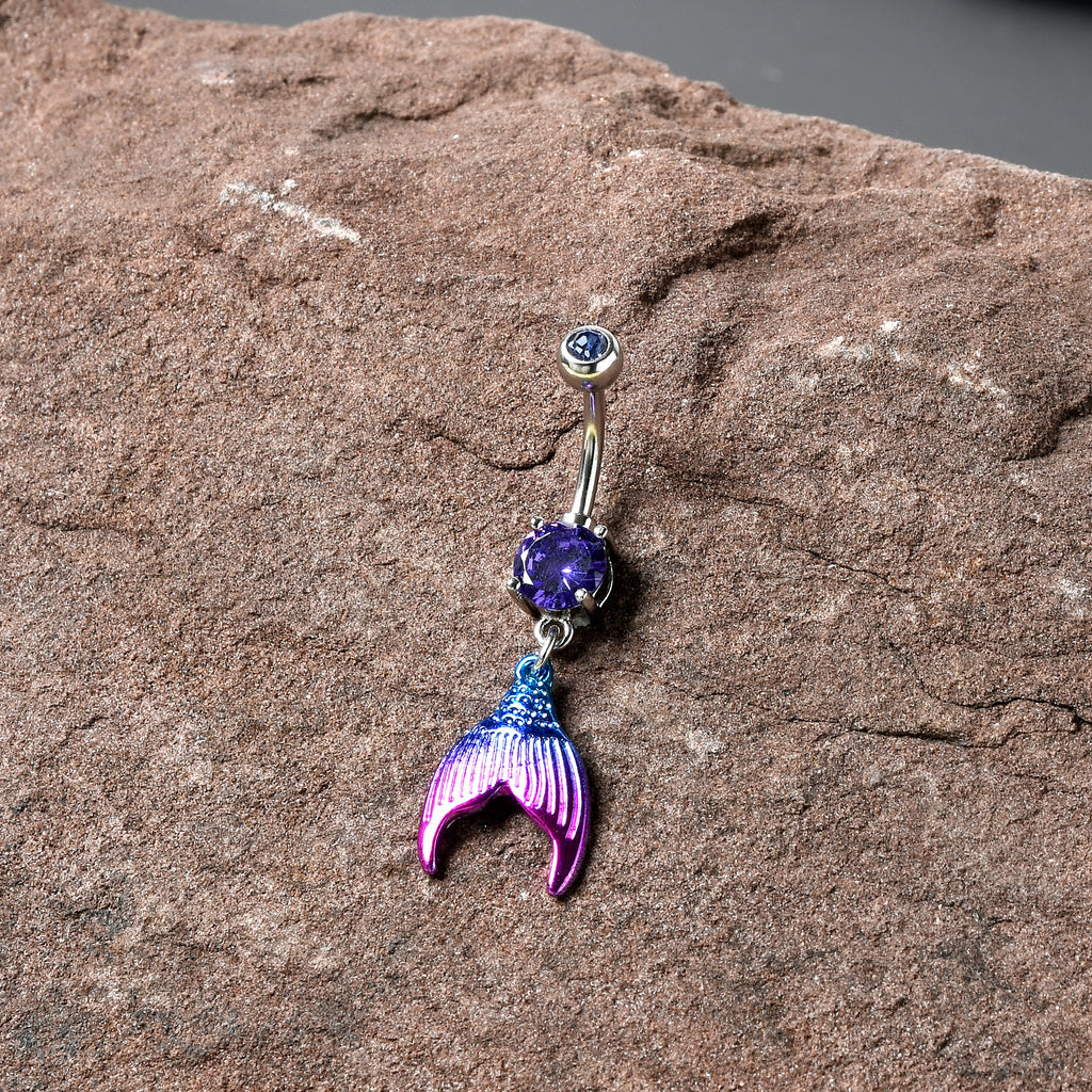 BodyCandy Purple Gem Aqua Pink Mermaid Scale Tail Dangle Belly Ring — detail close-up
