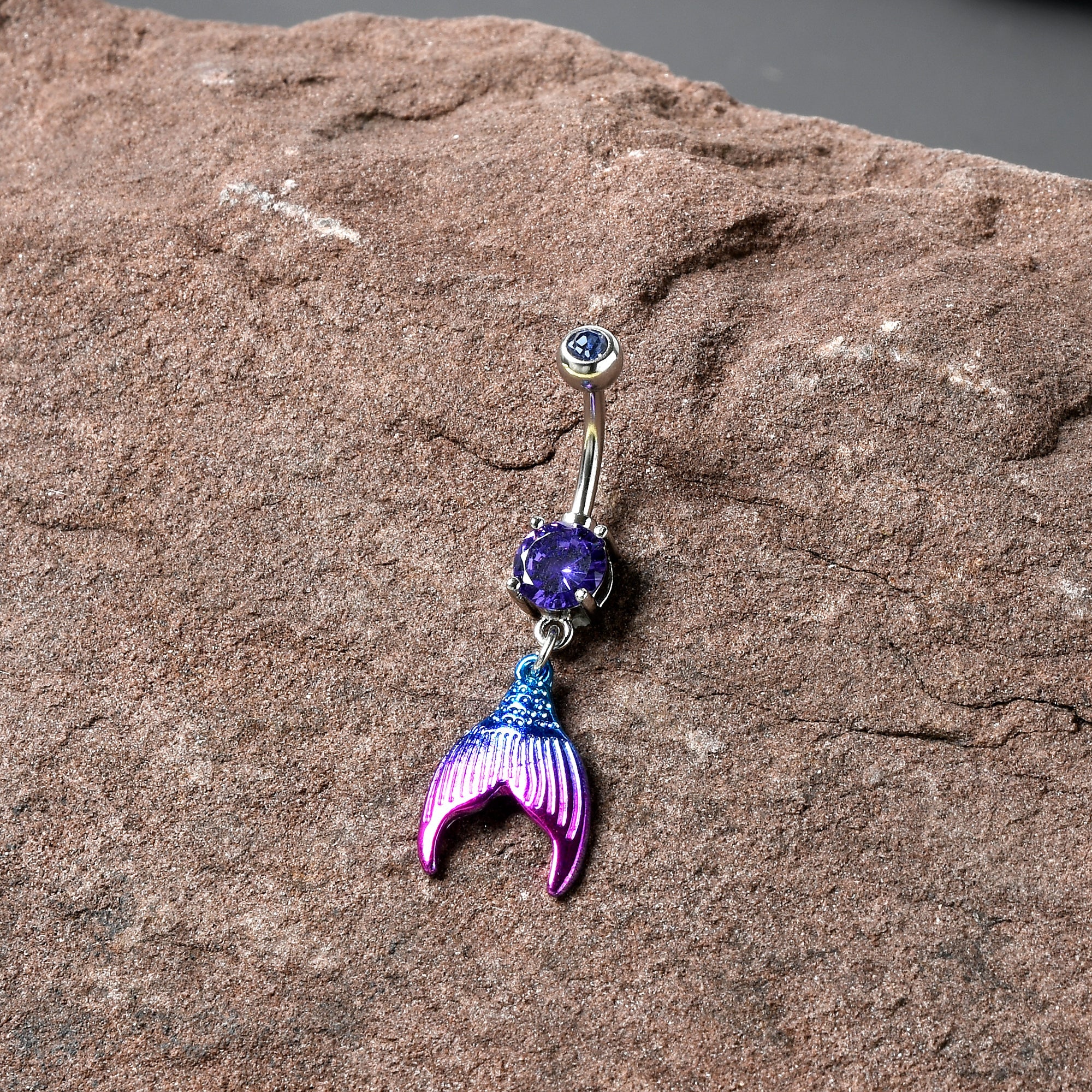 BodyCandy Purple Gem Aqua Pink Mermaid Scale Tail Dangle Belly Ring — detail close-up