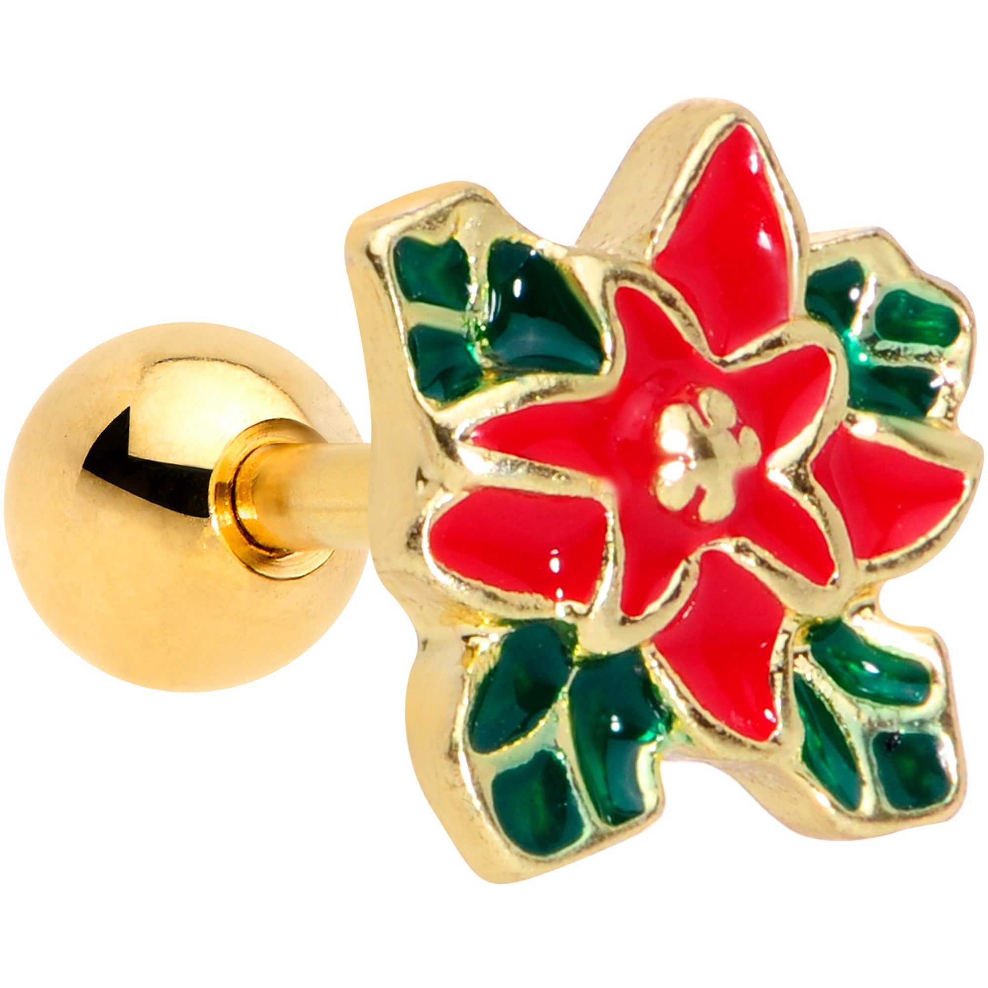 BodyCandy 16G 1/4 Gold Tone Poinsettia Christmas Cartilage Tragus Earring — main product shot