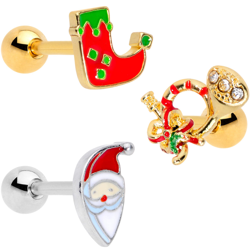 BodyCandy 16G 1/4 Gold Tone Santa Merry Christmas Cartilage Tragus Set of 3 — main product shot