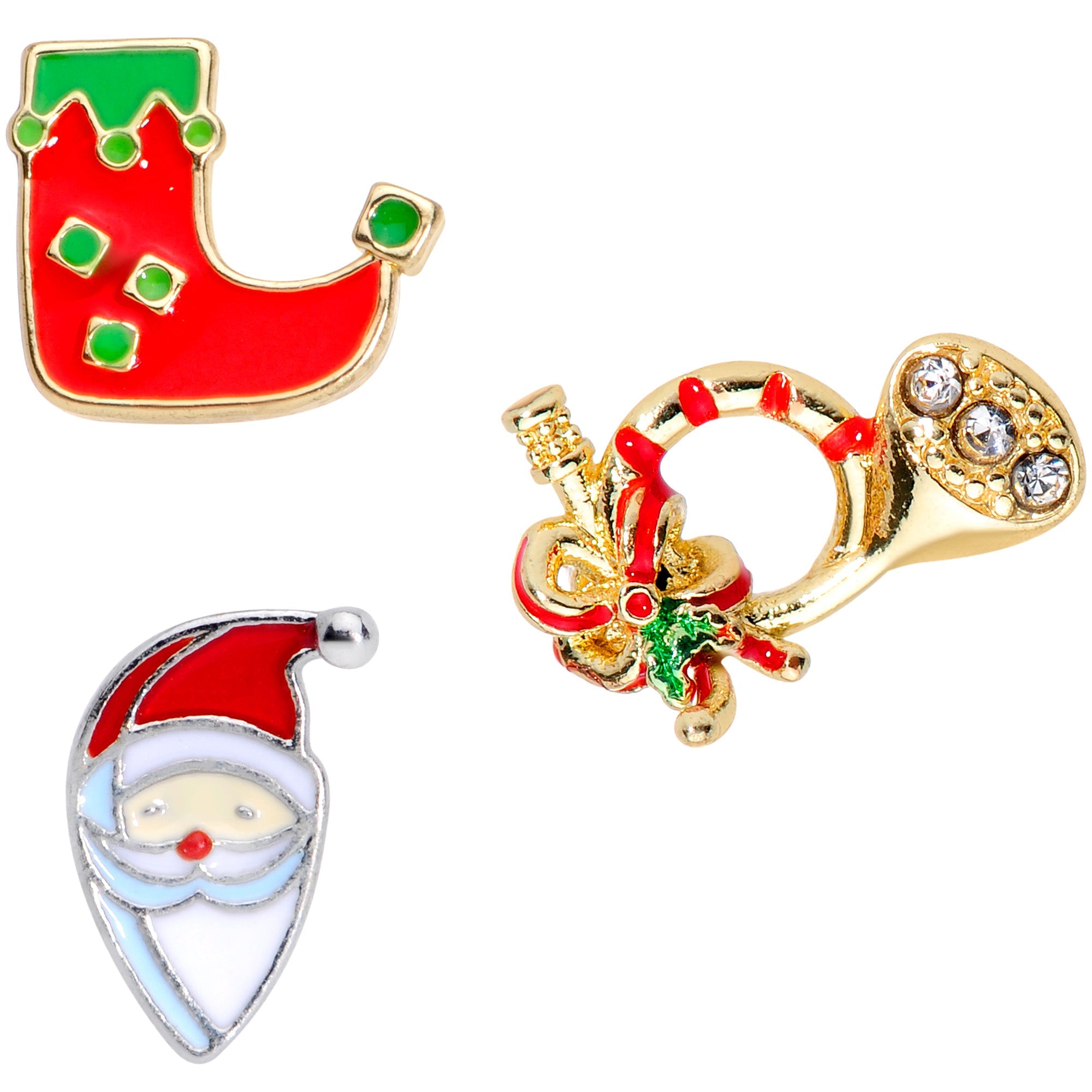 BodyCandy 16G 1/4 Gold Tone Santa Merry Christmas Cartilage Tragus Set of 3 — detail close-up