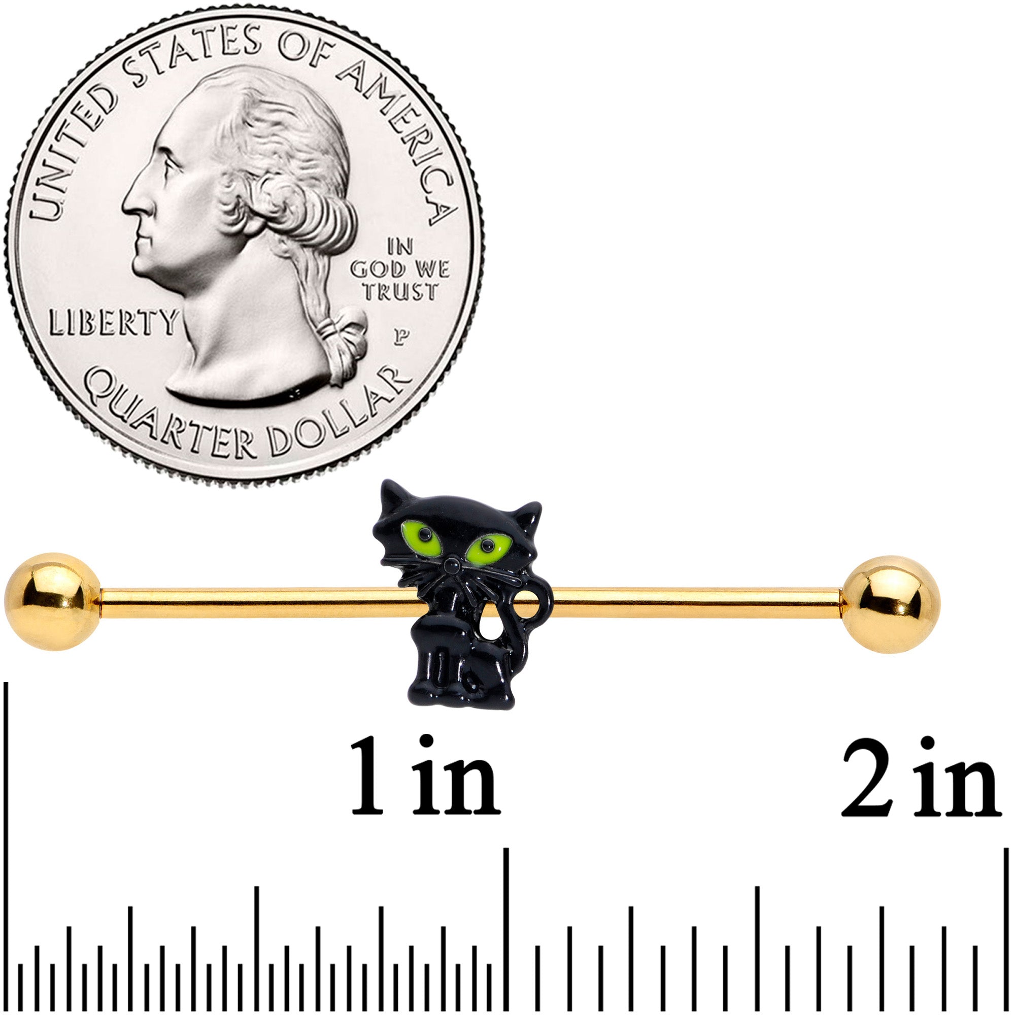 BodyCandy 14G Gold Tone Black Cat Halloween Industrial Barbell 38mm — detail close-up