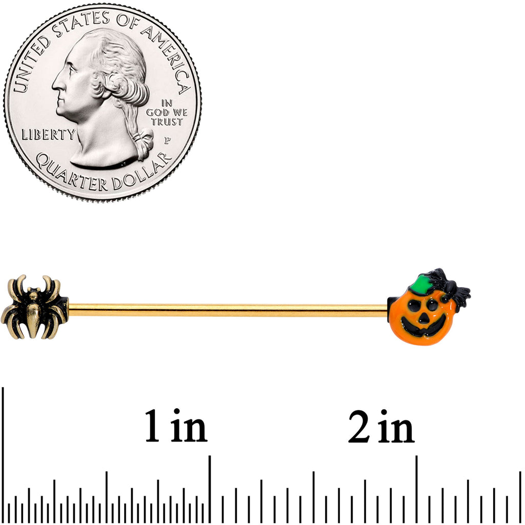 BodyCandy 14G Gold Tone Spider Pumpkin Halloween Industrial Barbell 38mm — detail close-up