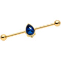 BodyCandy 14G Blue Gem Gold Tone Noble Drop Industrial Barbell 38mm — main product shot