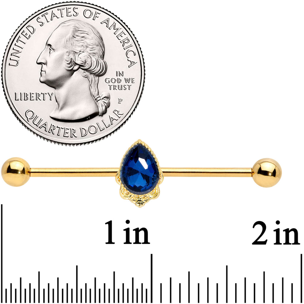 BodyCandy 14G Blue Gem Gold Tone Noble Drop Industrial Barbell 38mm — detail close-up