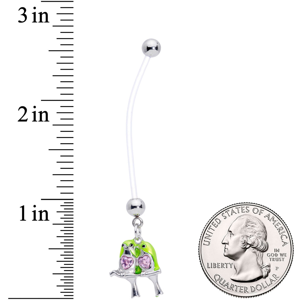 BodyCandy Pink Gem Green Little Lovebirds Twins Dangle Pregnancy Belly Ring — side view