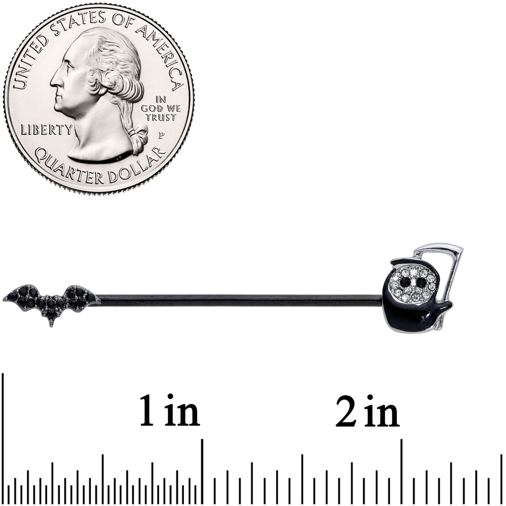 BodyCandy 14G Clear Black Gem Reaper Bat Halloween Industrial Barbell 38mm — detail close-up
