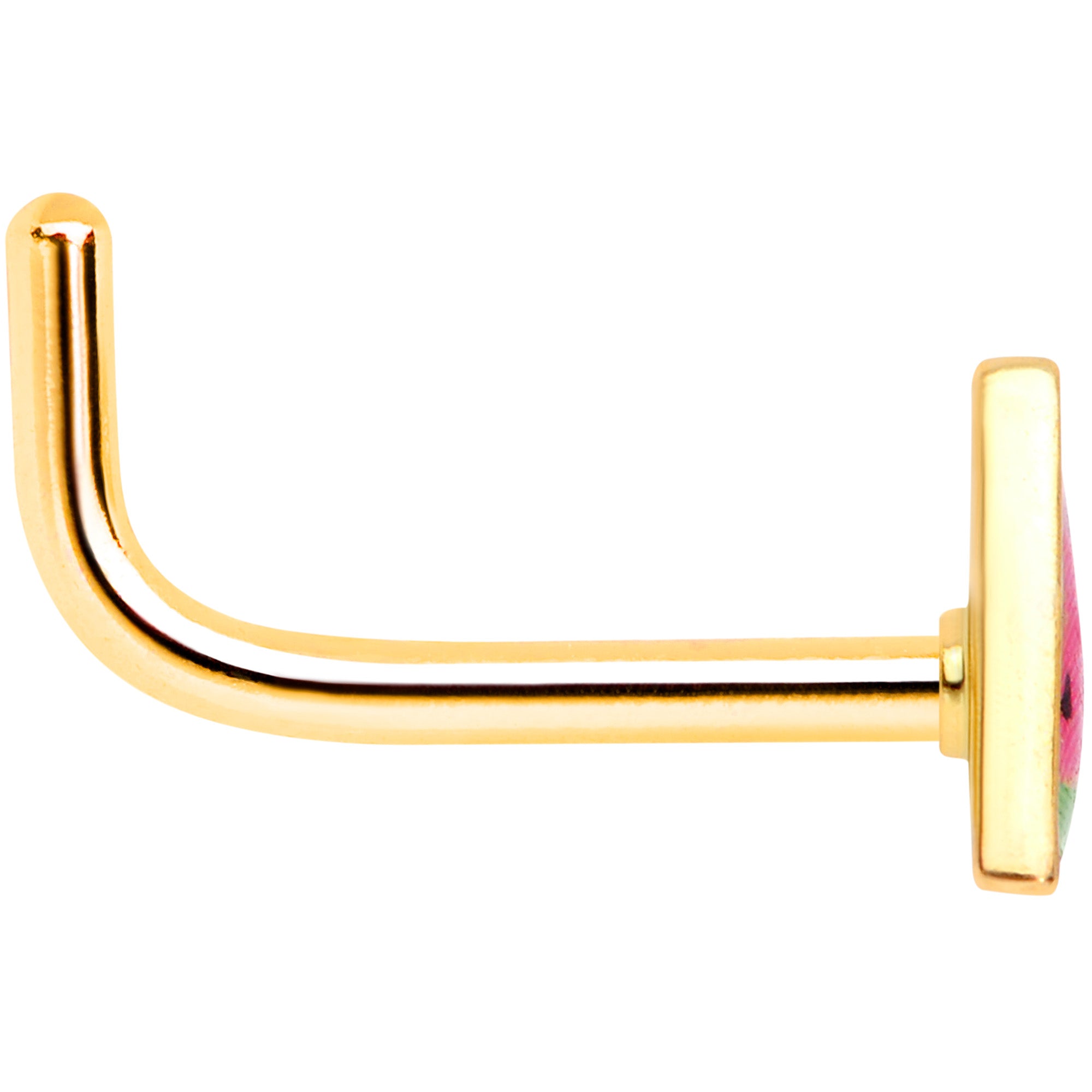 BodyCandy 18G 5/16 Gold Tone Watermelon L Shaped Nose Ring — side view