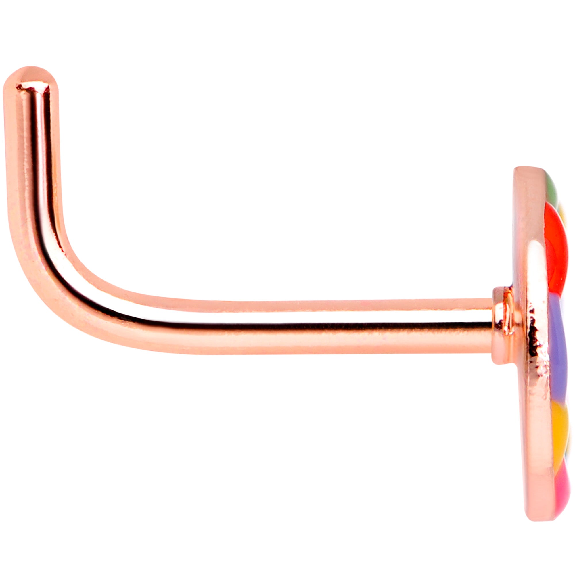 BodyCandy 18G 5/16 Rose Gold Tone Rainbow Peace Sign L Shaped Nose Ring — lifestyle context