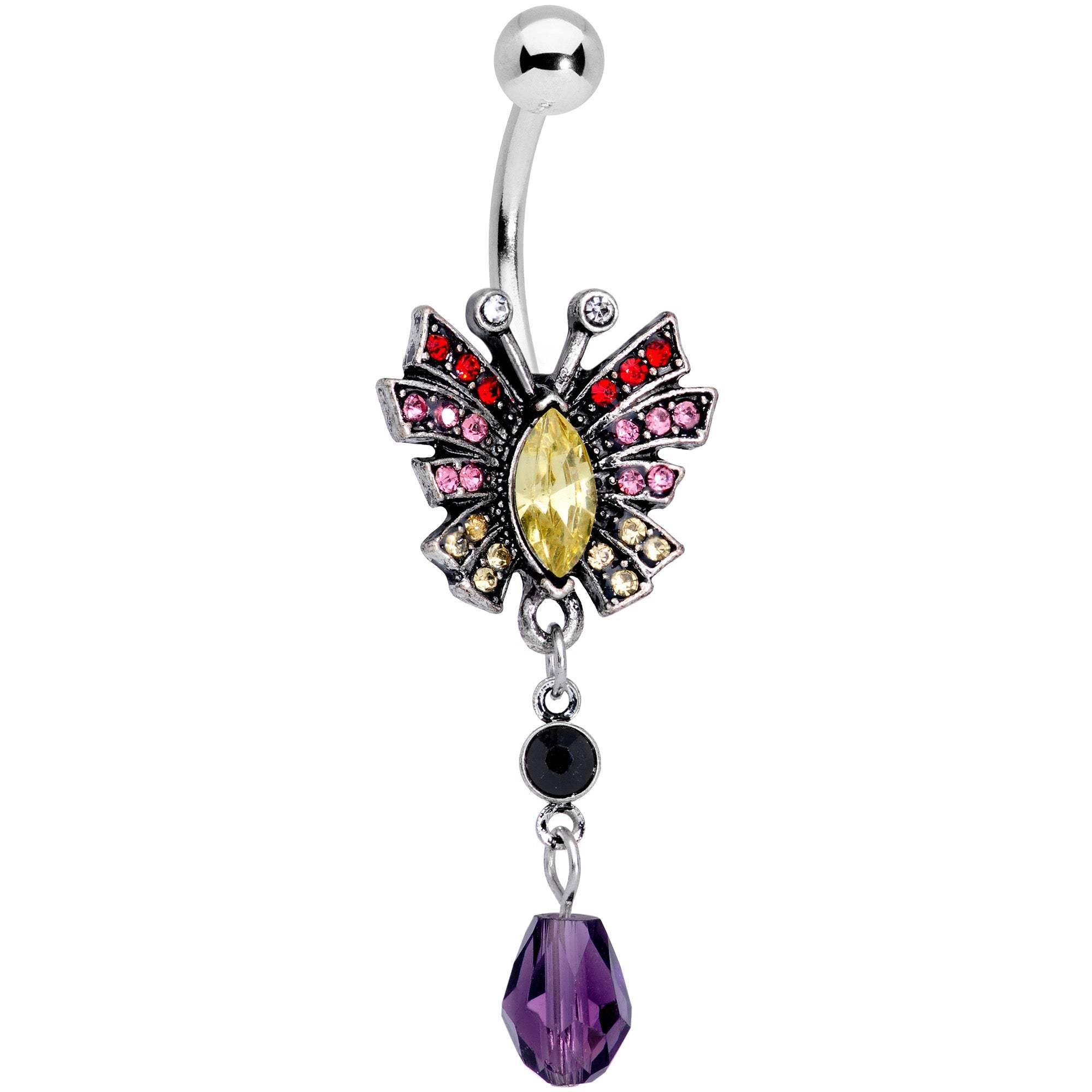 BodyCandy Red Yellow Purple Art Deco Butterfly Dangle Belly Ring — main product shot
